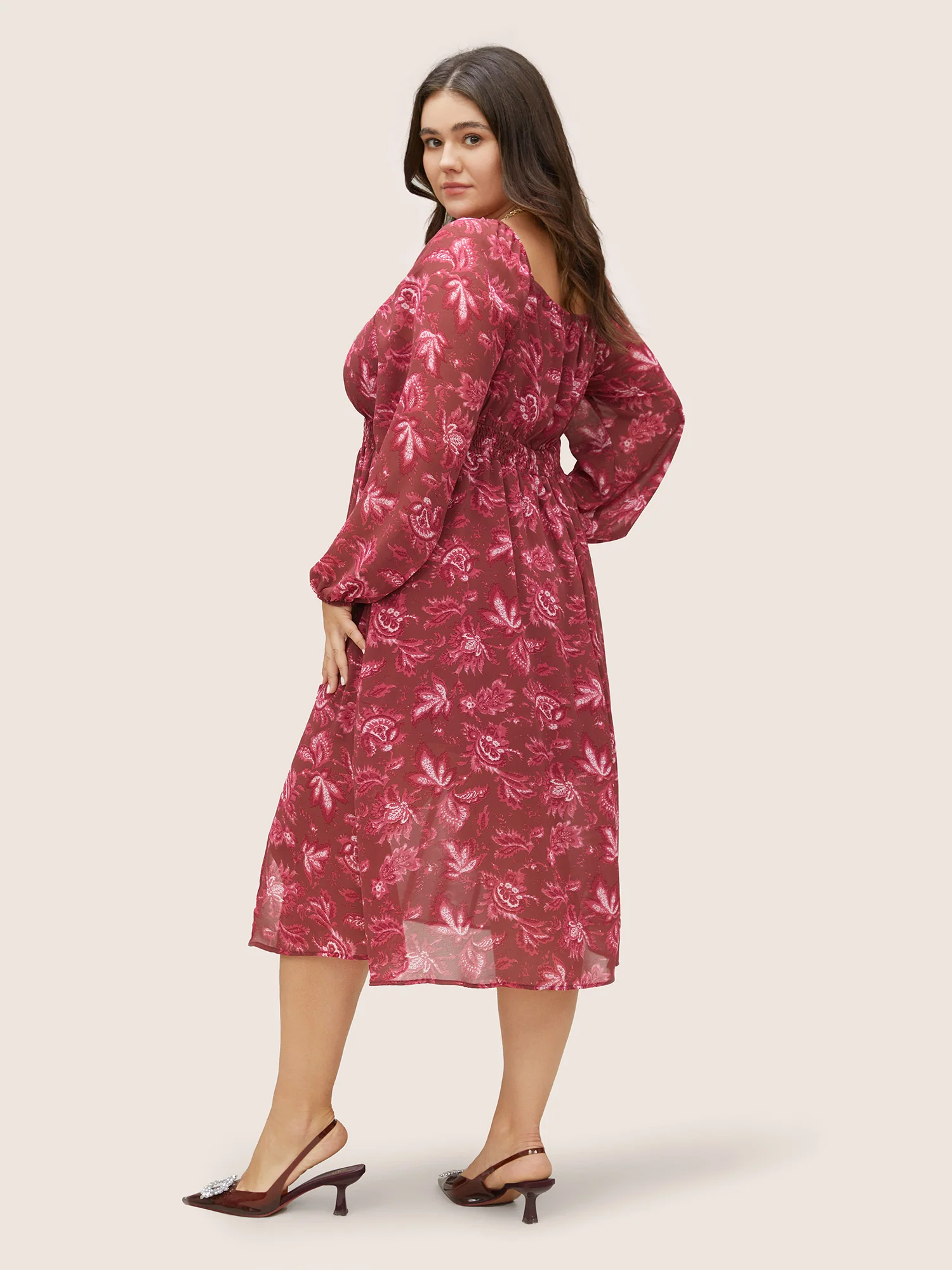 Square Neck Floral Shirred Gathered Mesh Dress - Image 3