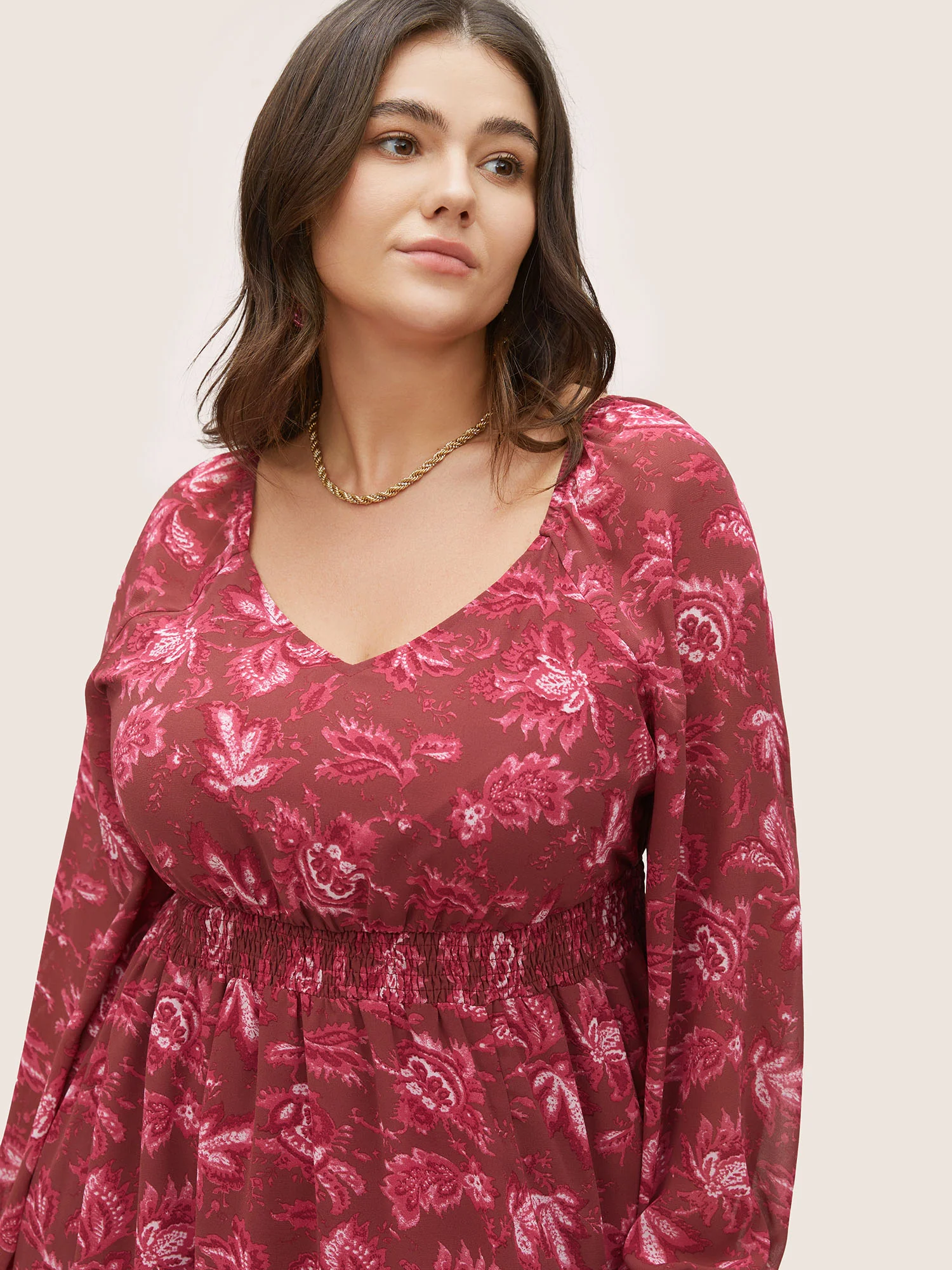 Square Neck Floral Shirred Gathered Mesh Dress - Image 4