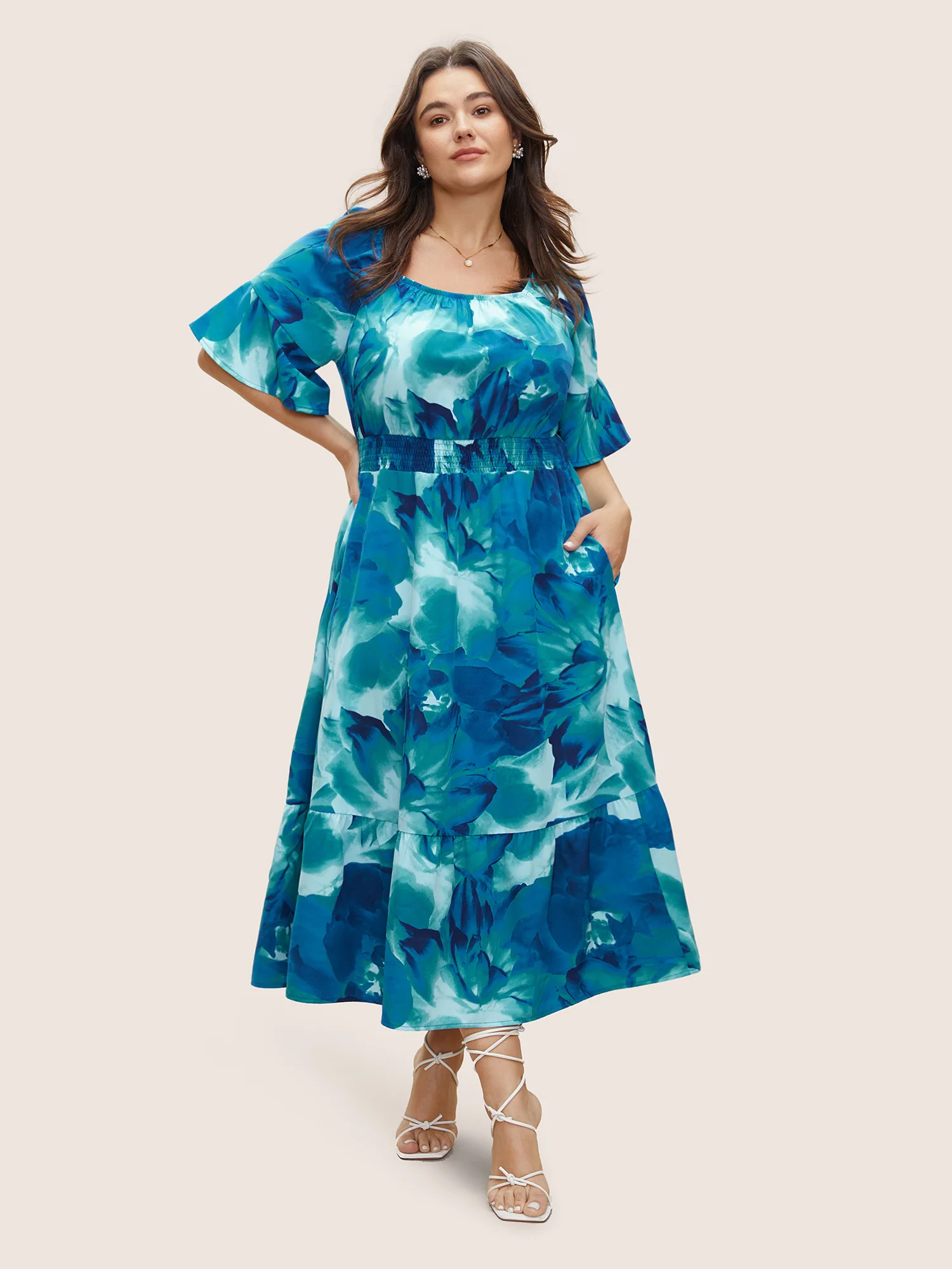 Square Neck Floral Shirred Ruffle Sleeve Dress - Image 2