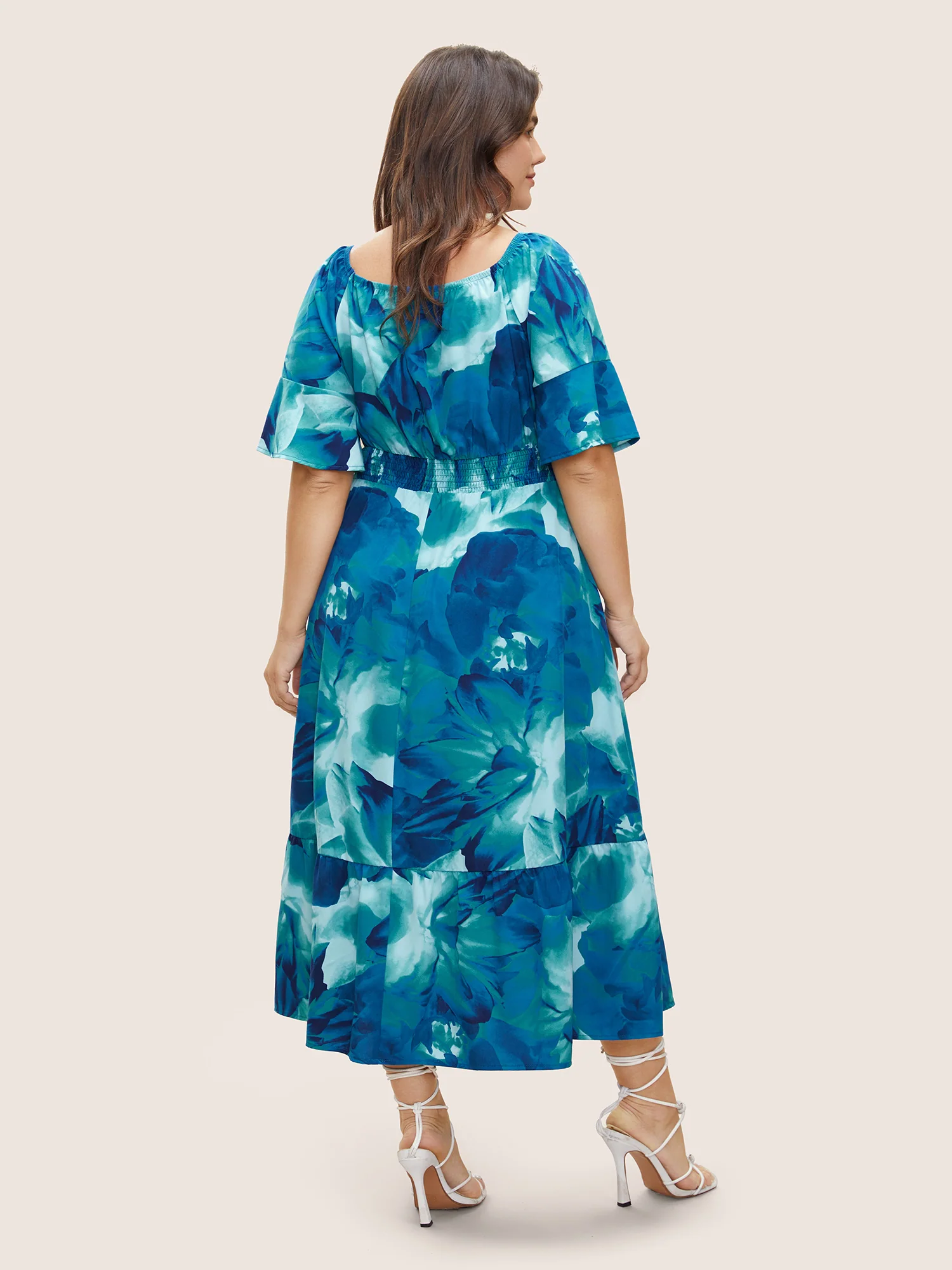 Square Neck Floral Shirred Ruffle Sleeve Dress - Image 3