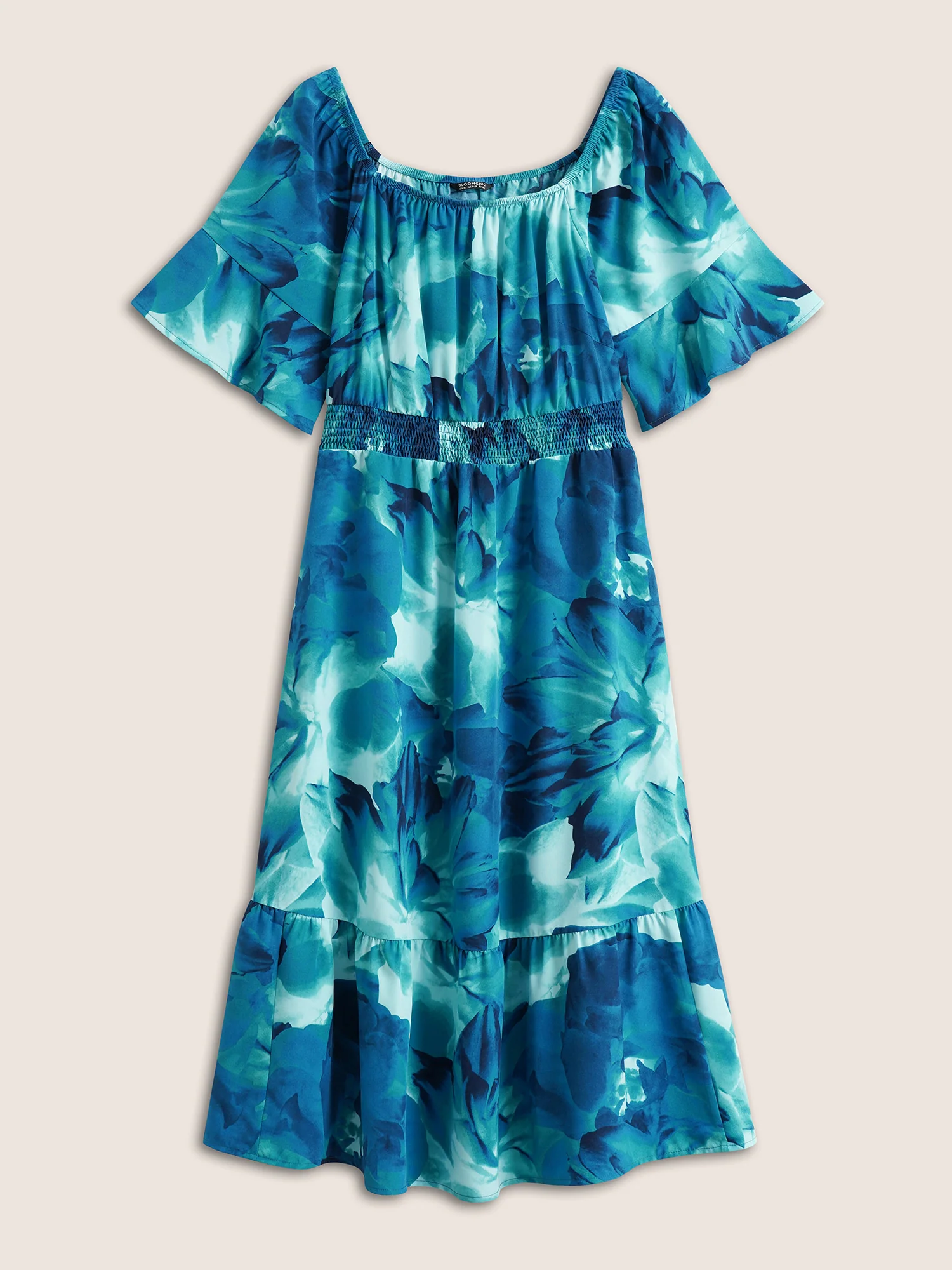 Square Neck Floral Shirred Ruffle Sleeve Dress - Image 7