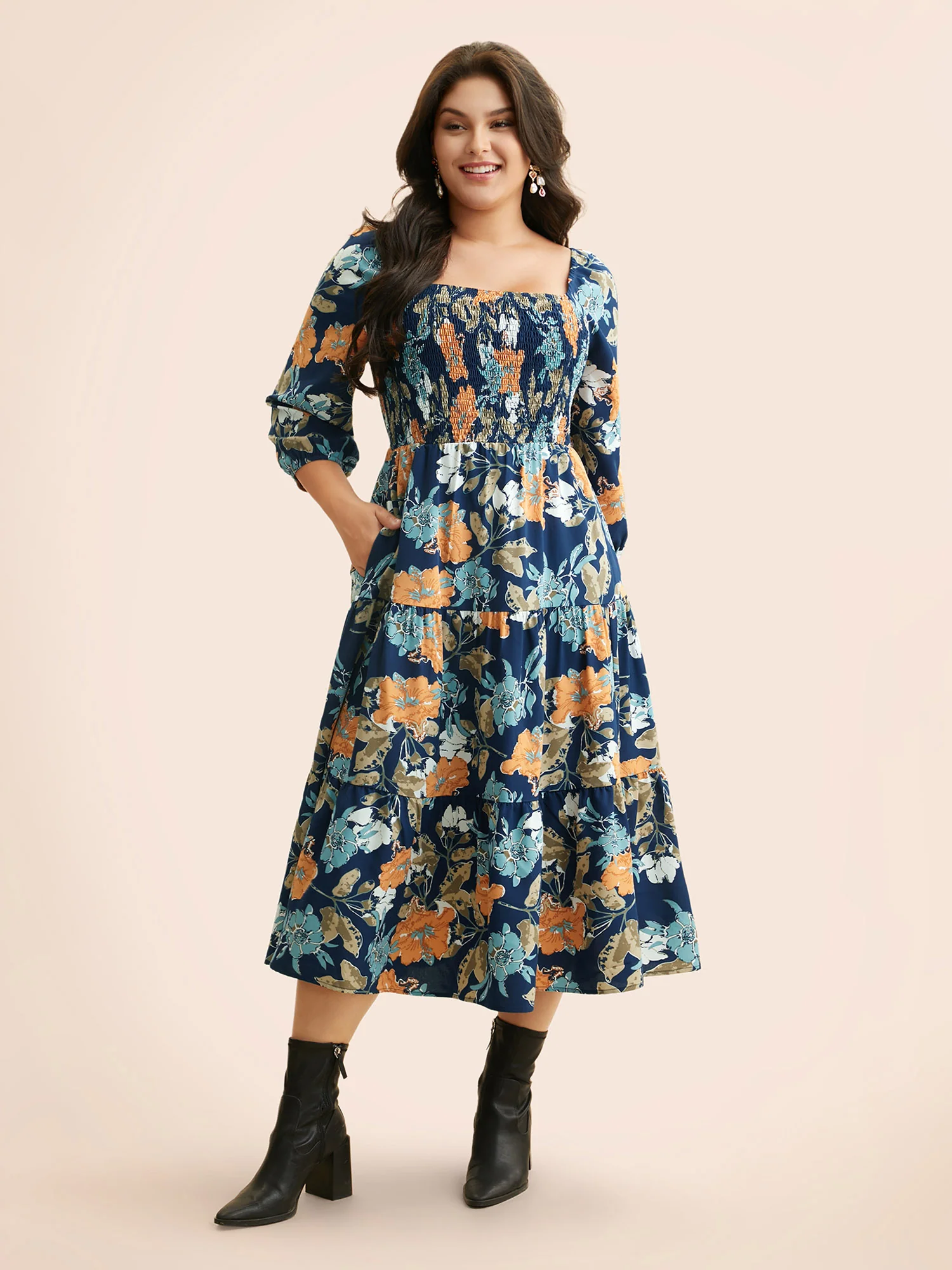 Square Neck Floral Shirred Midi Dress - Image 2