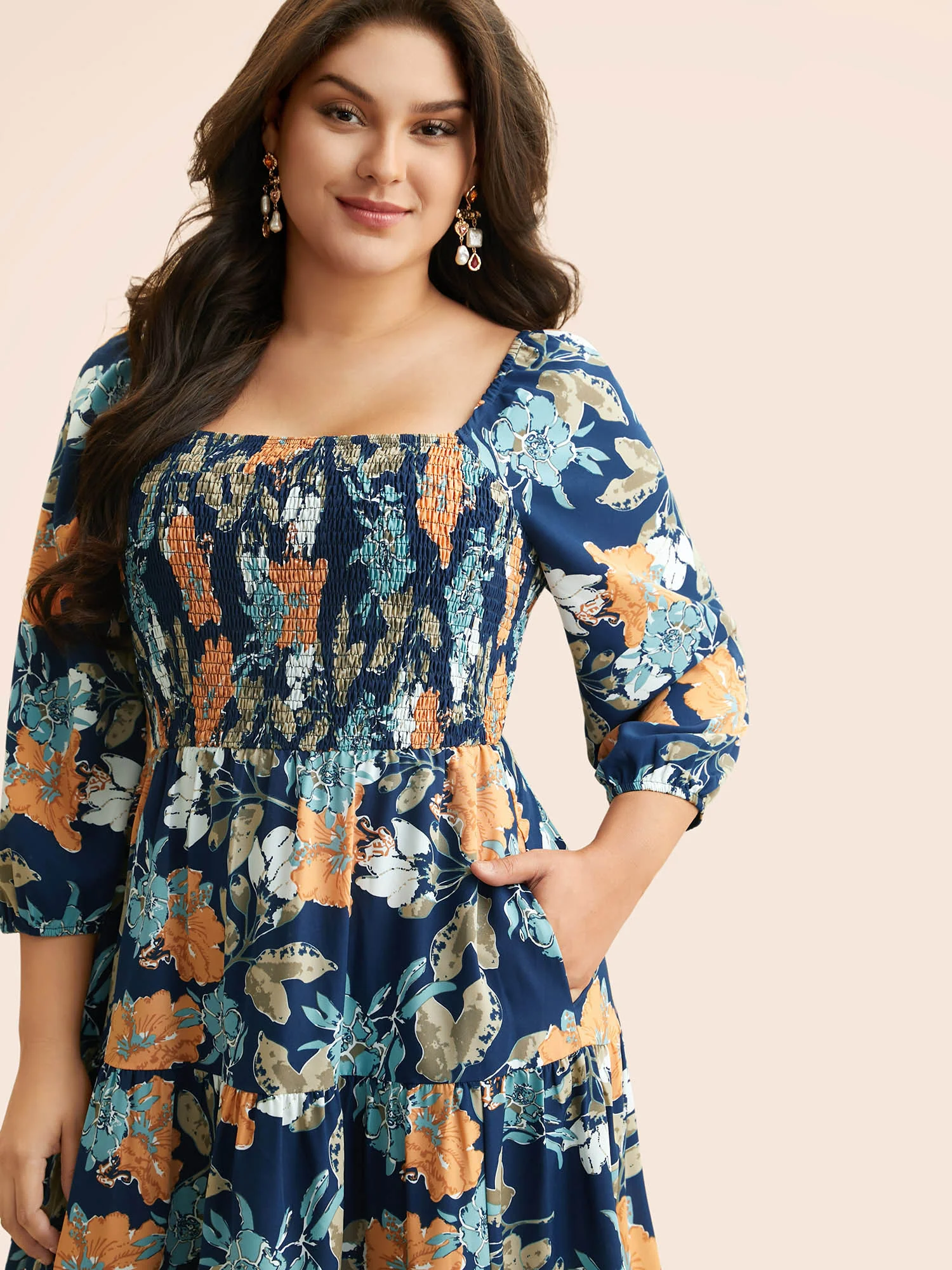 Square Neck Floral Shirred Midi Dress - Image 4
