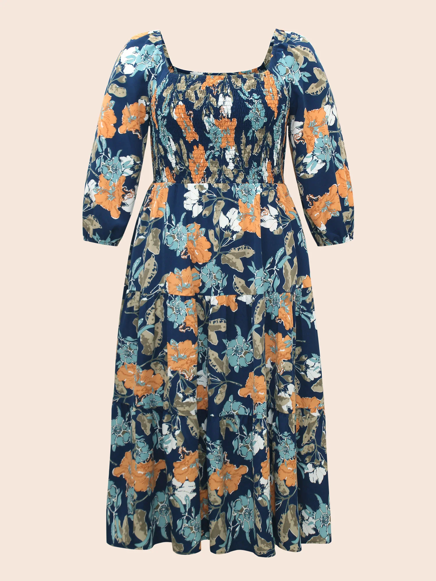 Square Neck Floral Shirred Midi Dress - Image 7