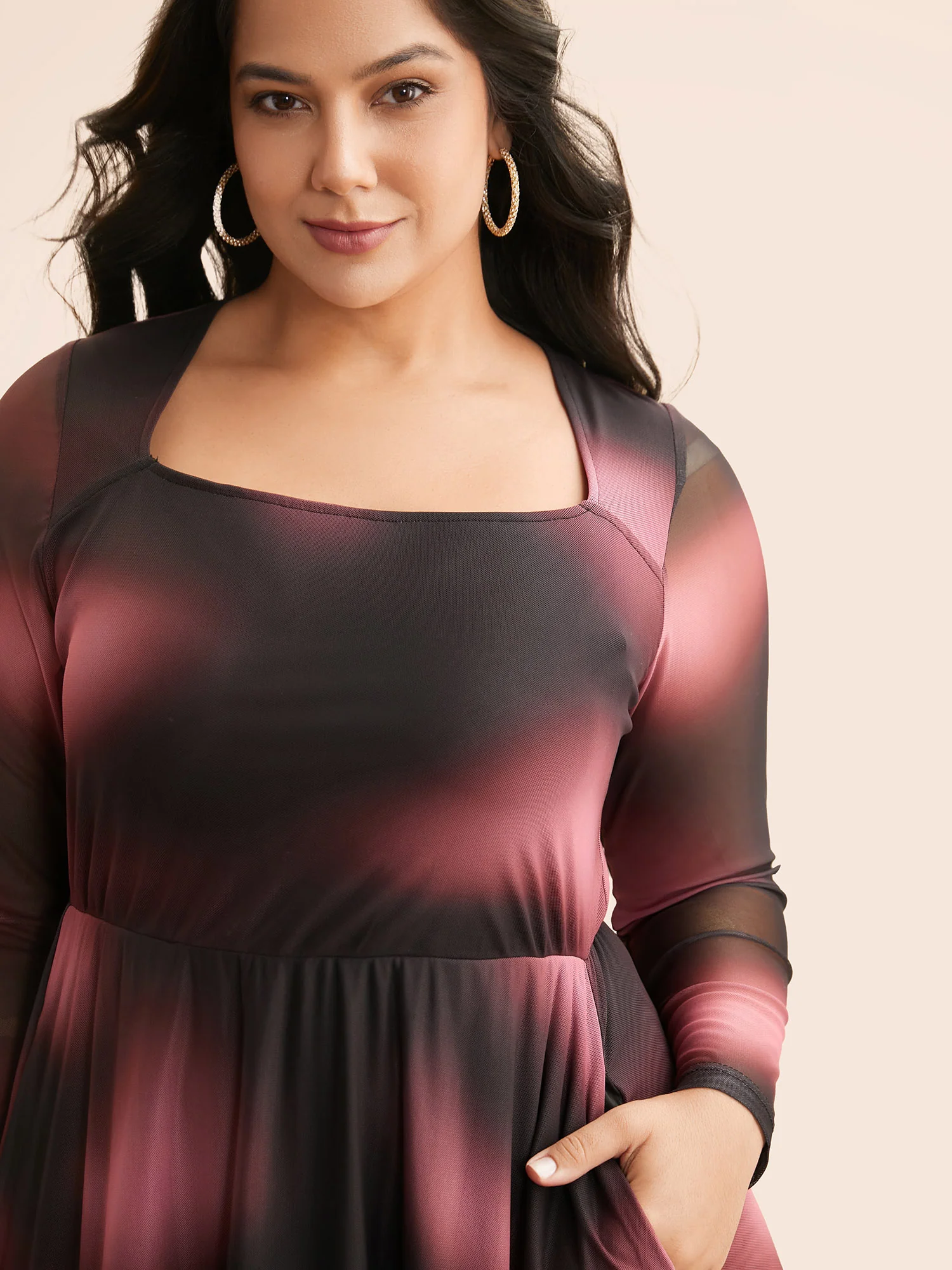 Square Neck Gradient Dyeing Mesh Dress - Image 2