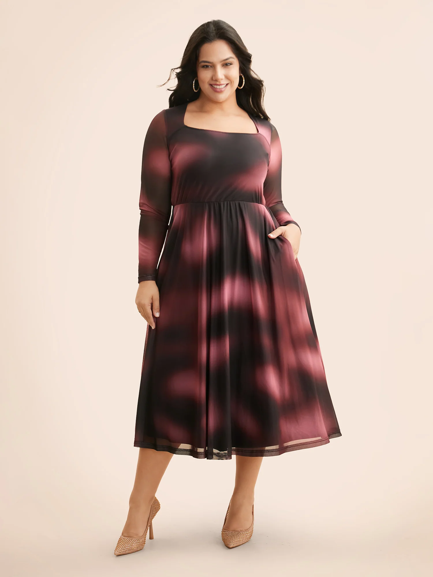 Square Neck Gradient Dyeing Mesh Dress - Image 3