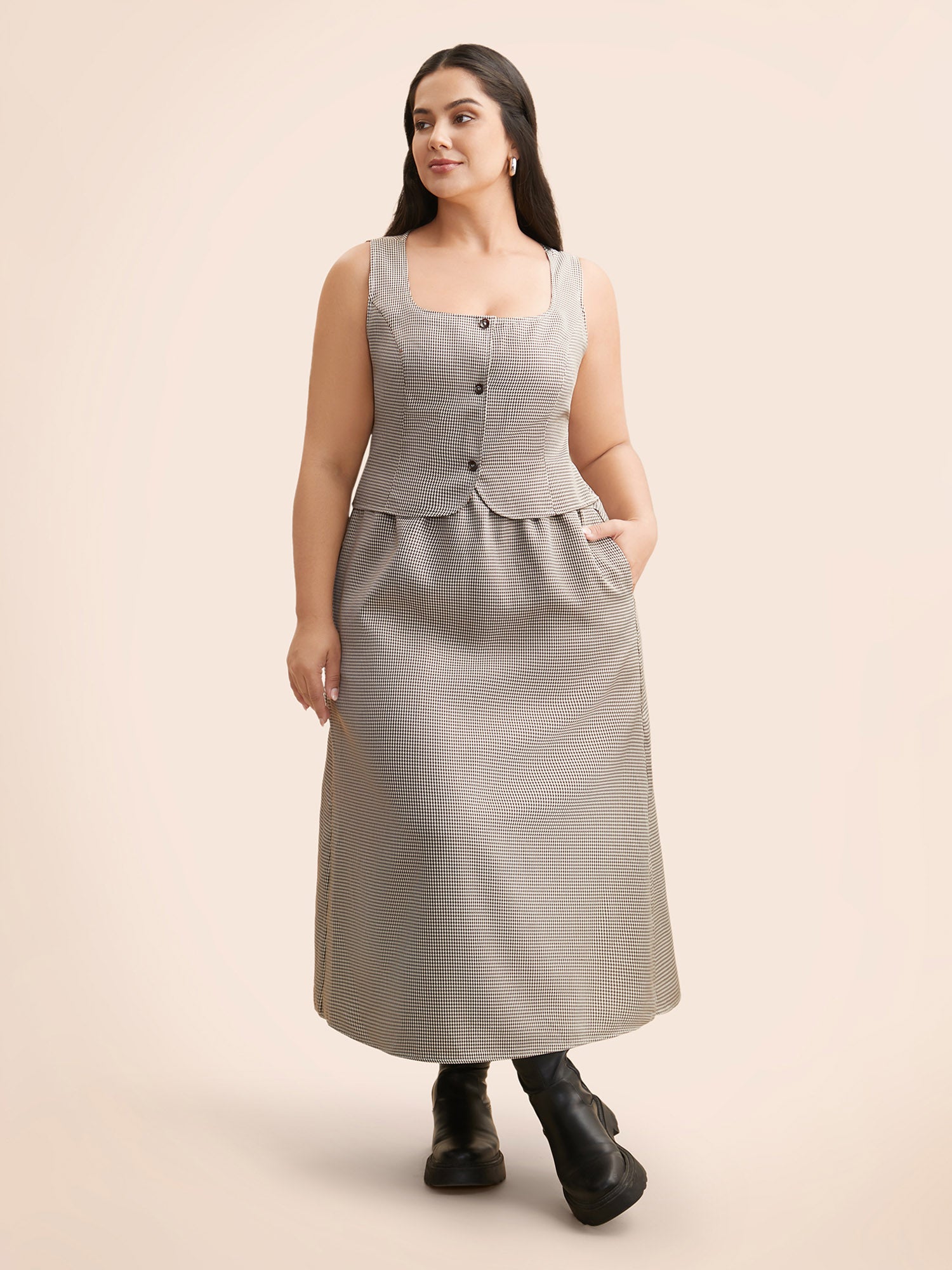Square Neck Houndstooth Elastic Waist Dress - Image 3