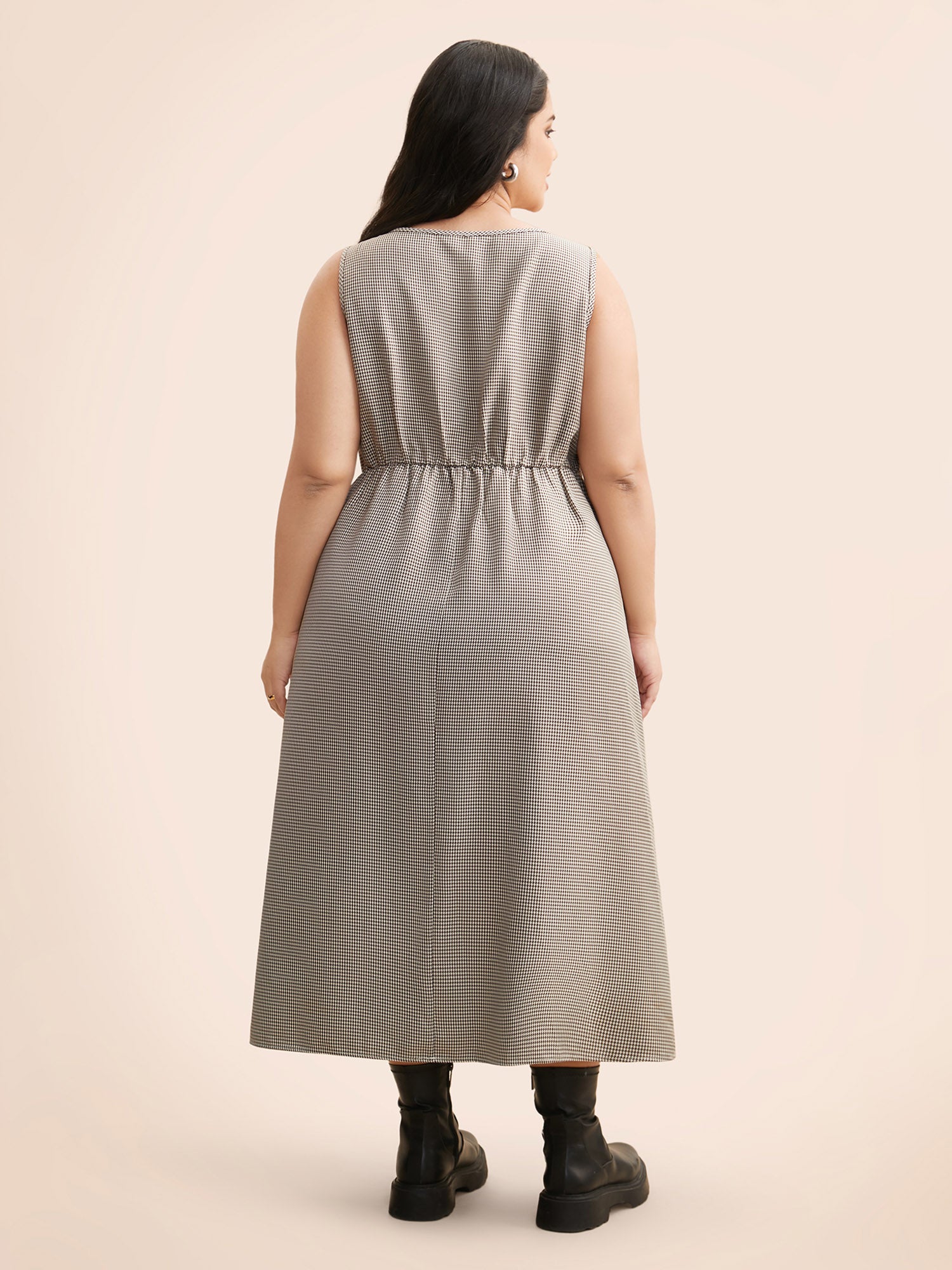 Square Neck Houndstooth Elastic Waist Dress - Image 4