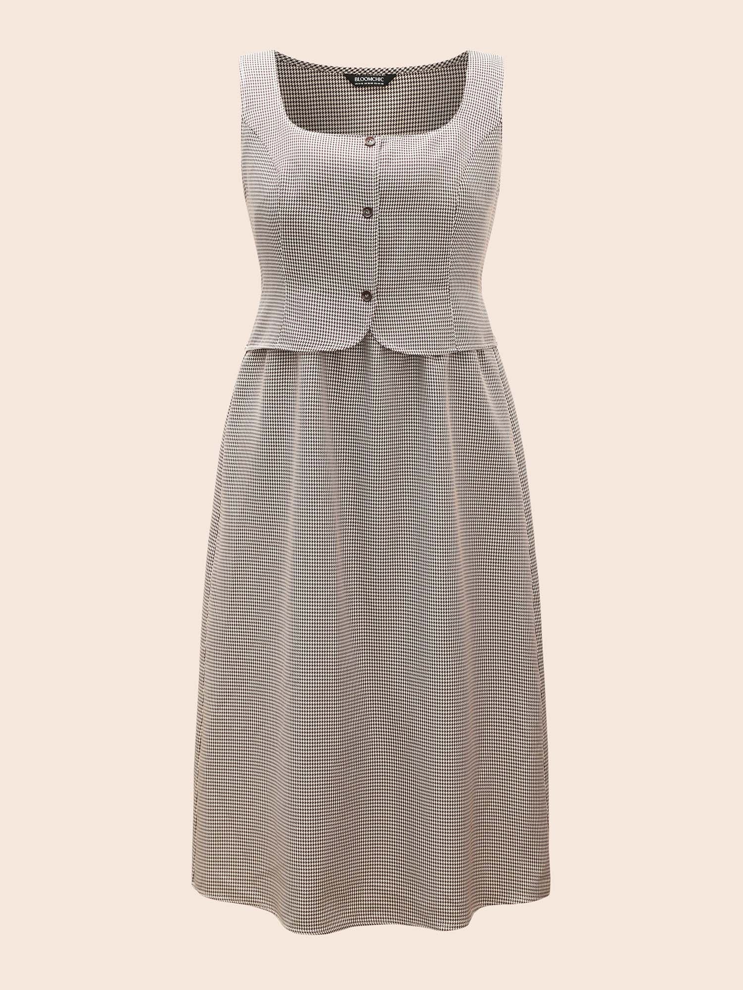 Square Neck Houndstooth Elastic Waist Dress - Image 7