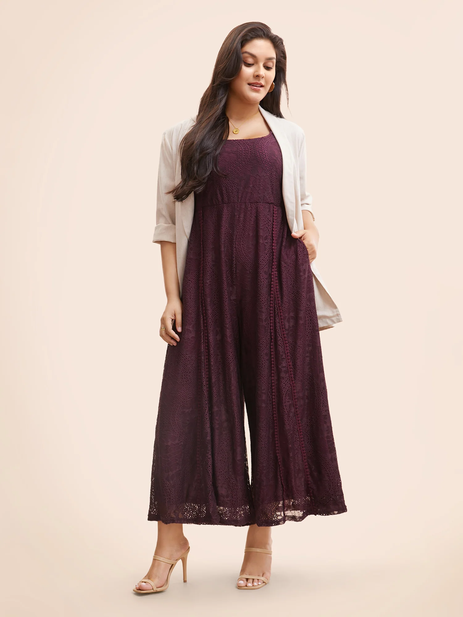 Square Neck Lace Panel Gathered Jumpsuit - Image 3