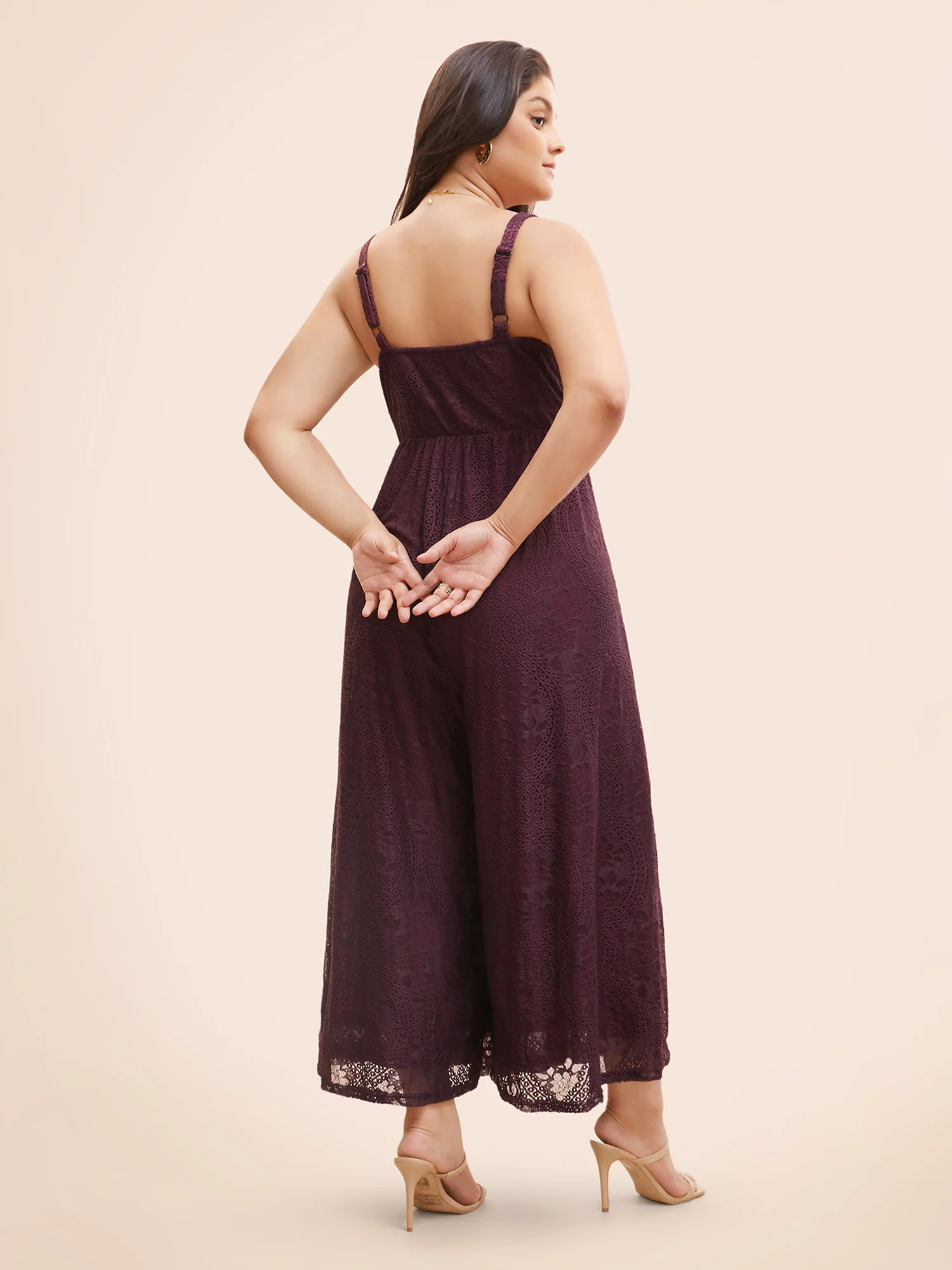 Square Neck Lace Panel Gathered Jumpsuit - Image 4