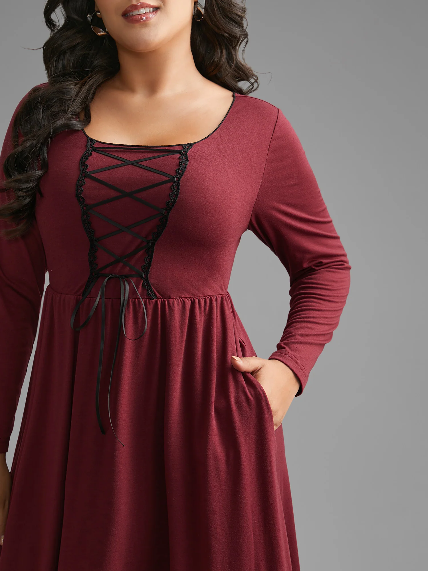 Square Neck Lace Panel Lace Up Dress - Image 2