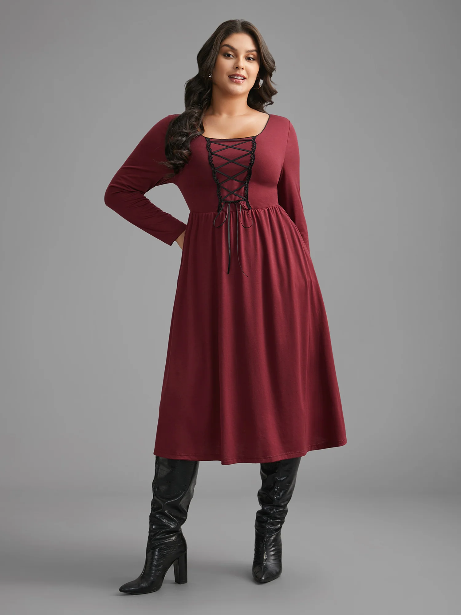 Square Neck Lace Panel Lace Up Dress - Image 3