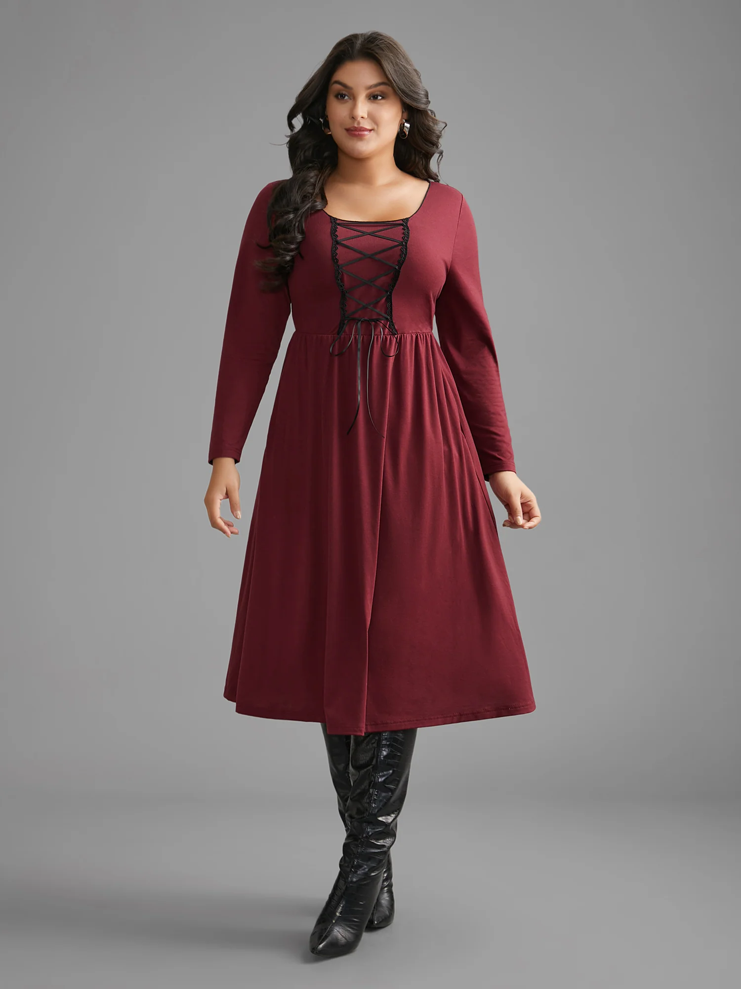 Square Neck Lace Panel Lace Up Dress - Image 4