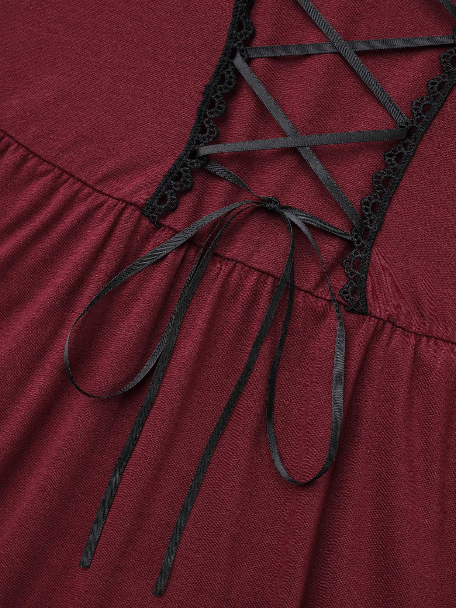 Square Neck Lace Panel Lace Up Dress - Image 6