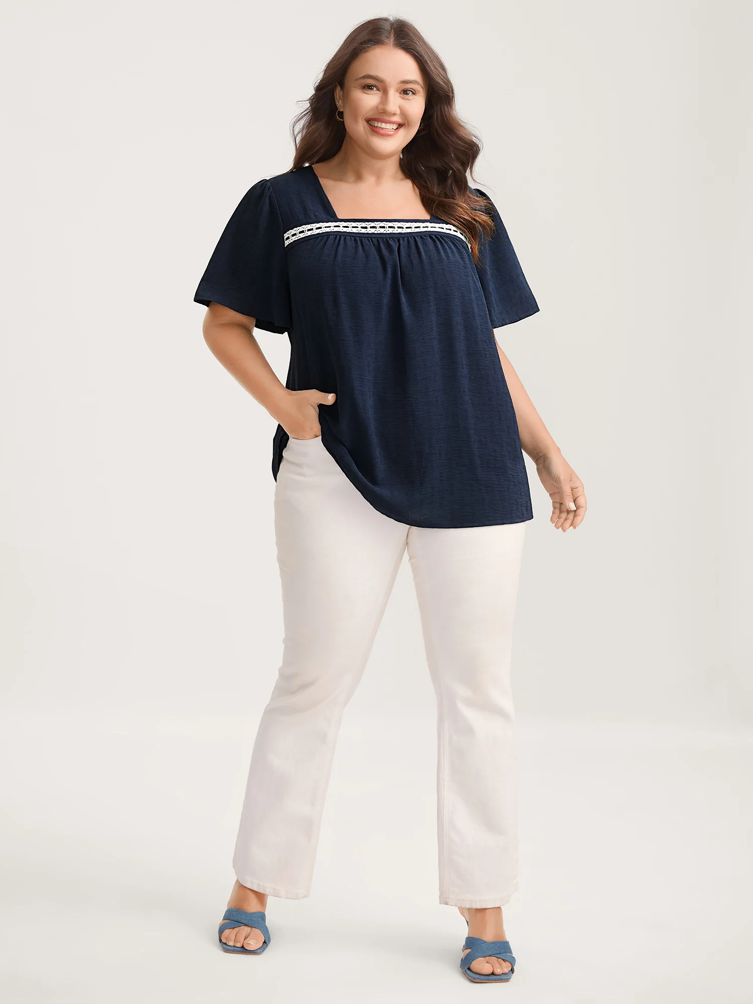 Square Neck Lace Pleated Blouse - Image 3
