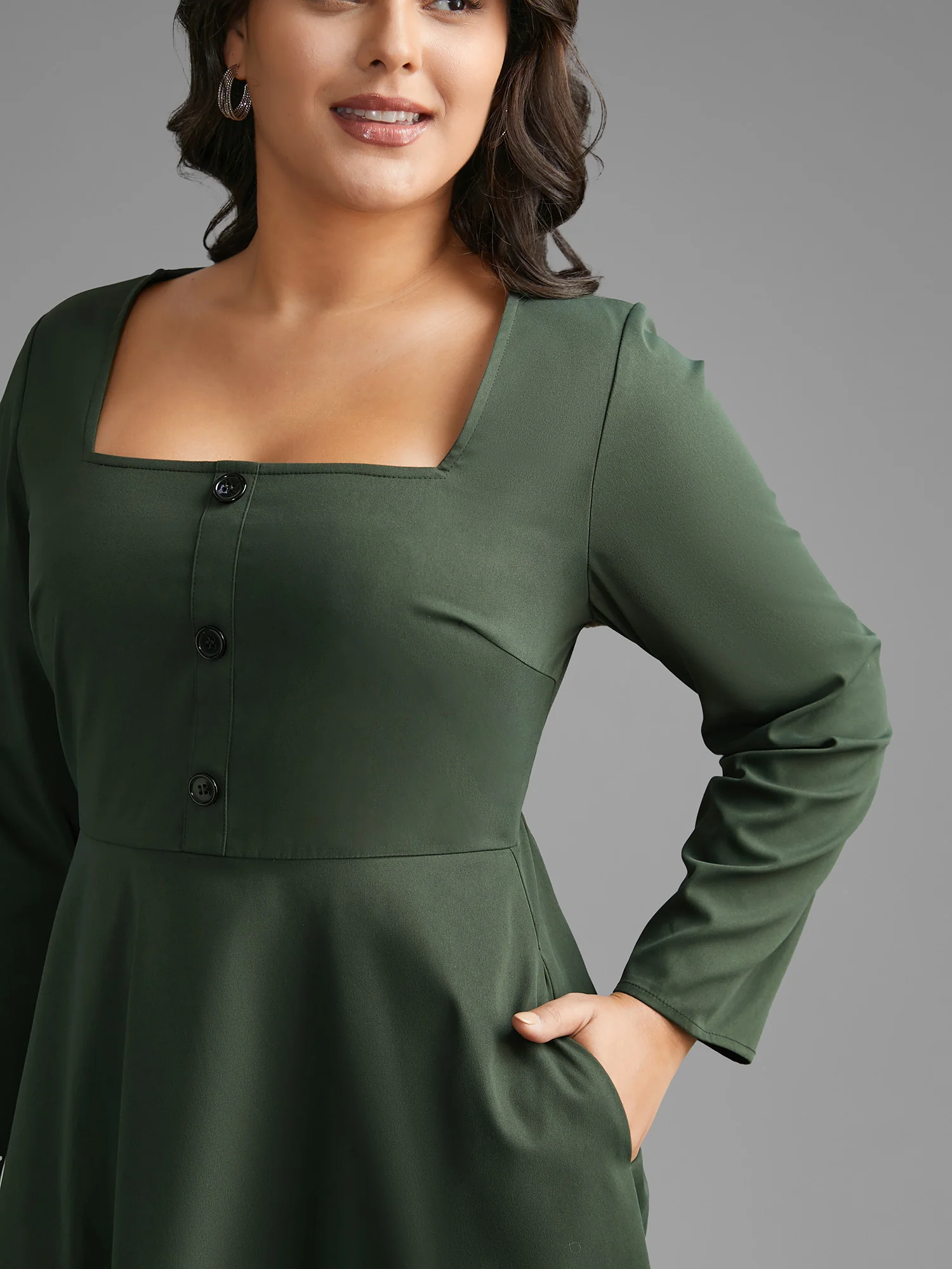 Square Neck Plain Button Detail Dress - Image 2