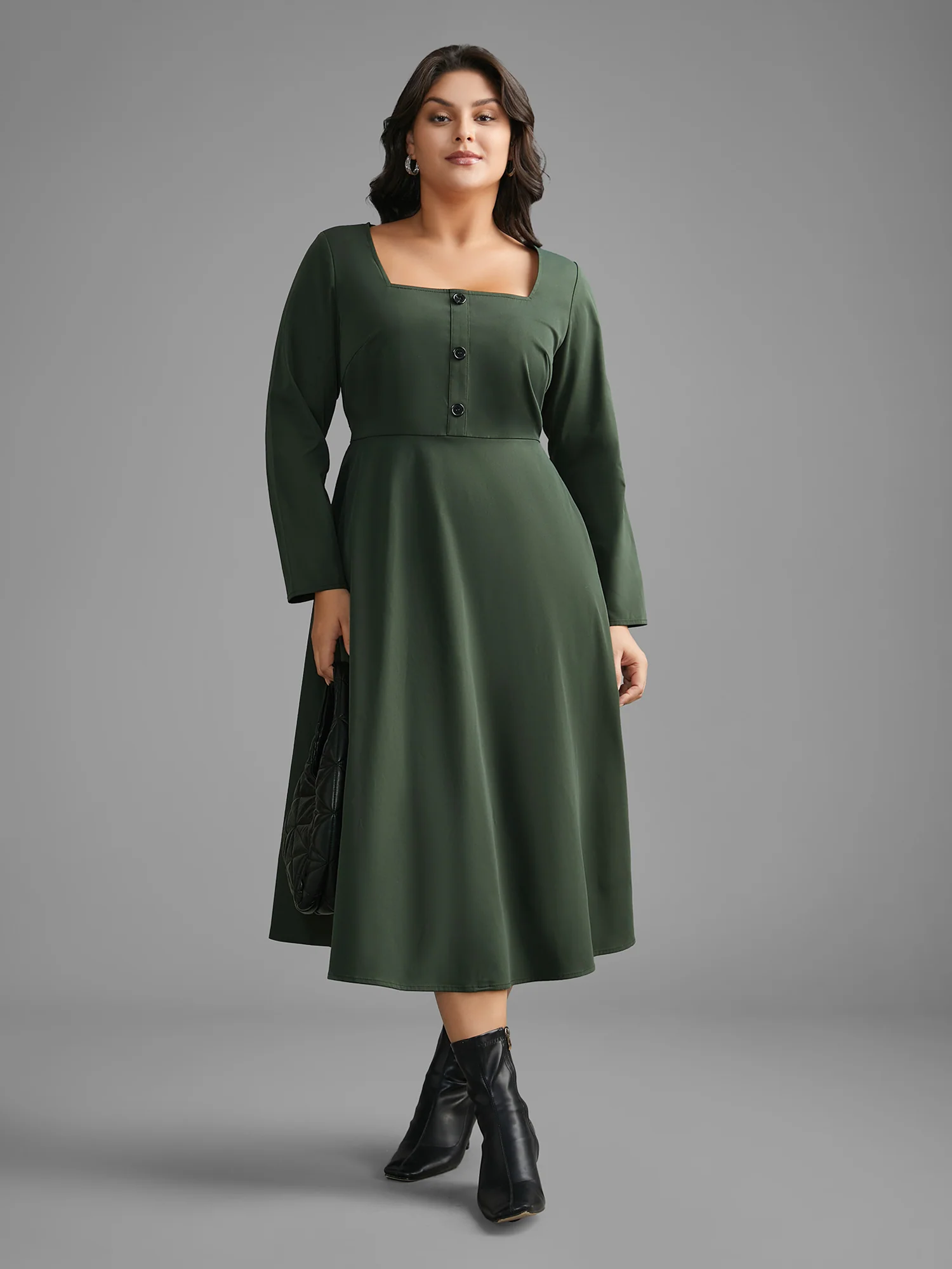 Square Neck Plain Button Detail Dress - Image 3