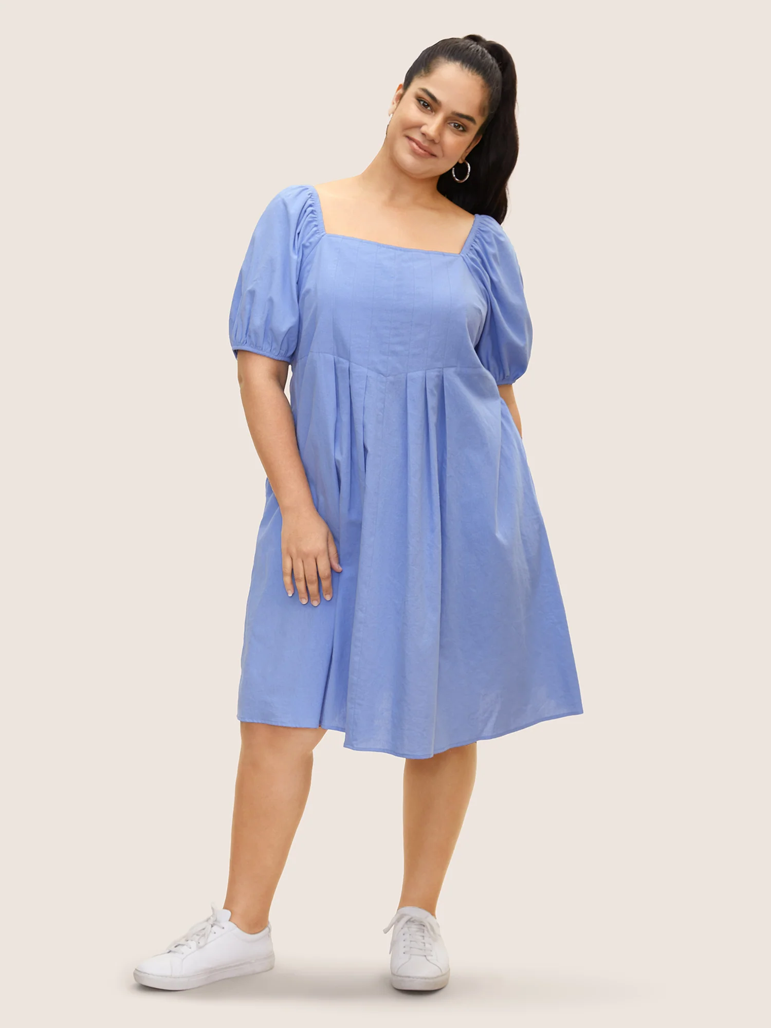 Square Neck Plain Pleated Puff Sleeve Dress - Image 2