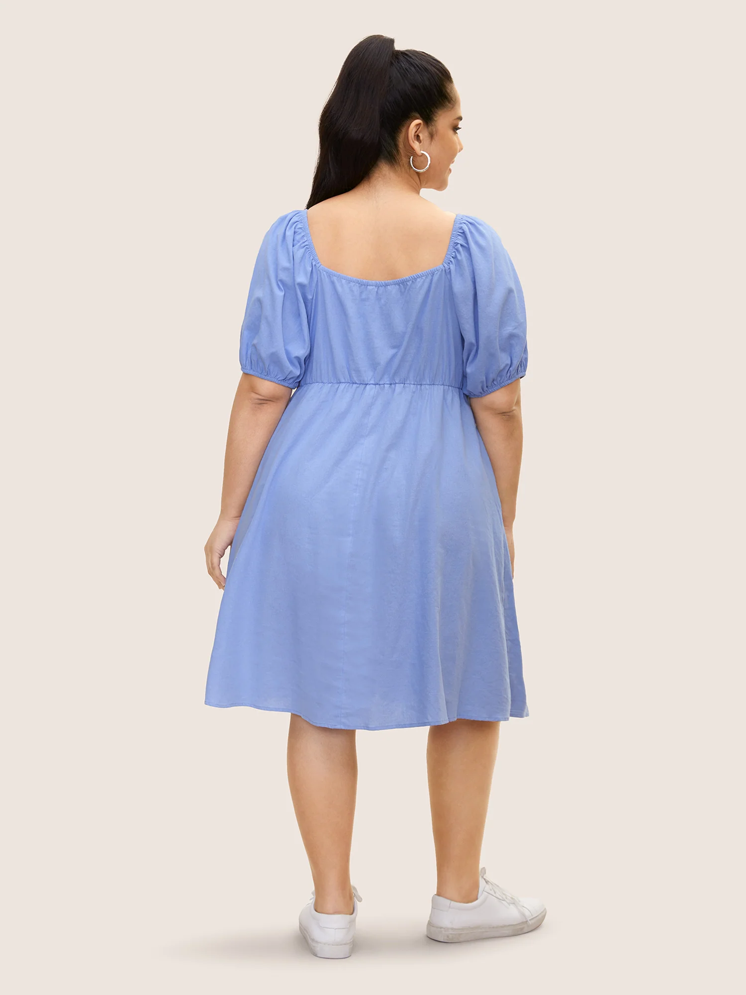 Square Neck Plain Pleated Puff Sleeve Dress - Image 3
