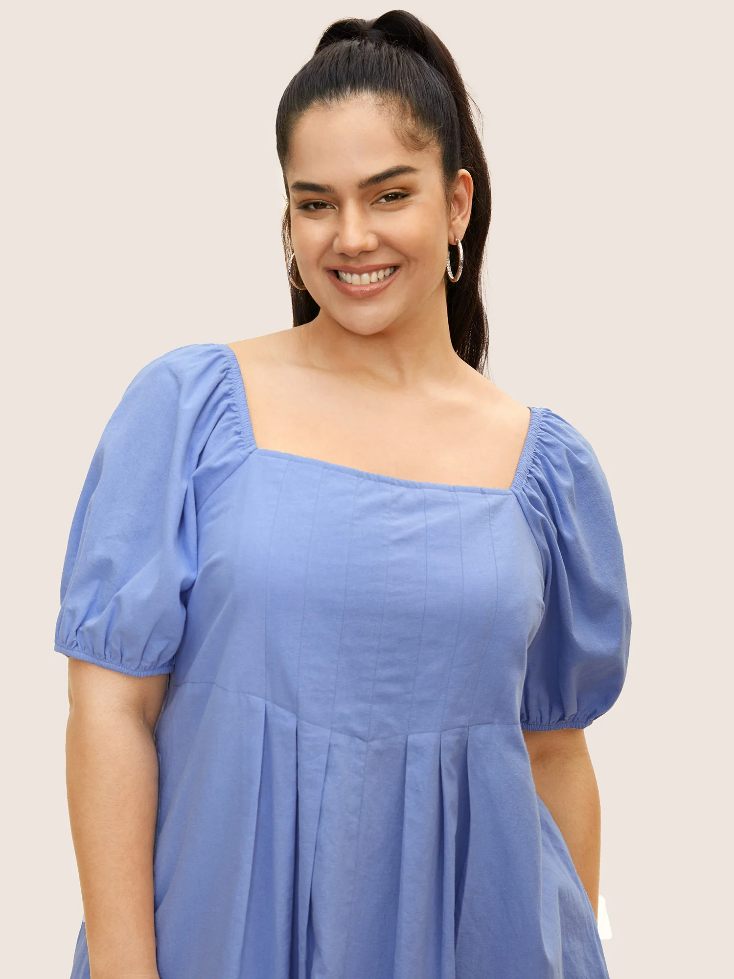 Square Neck Plain Pleated Puff Sleeve Dress - Image 4