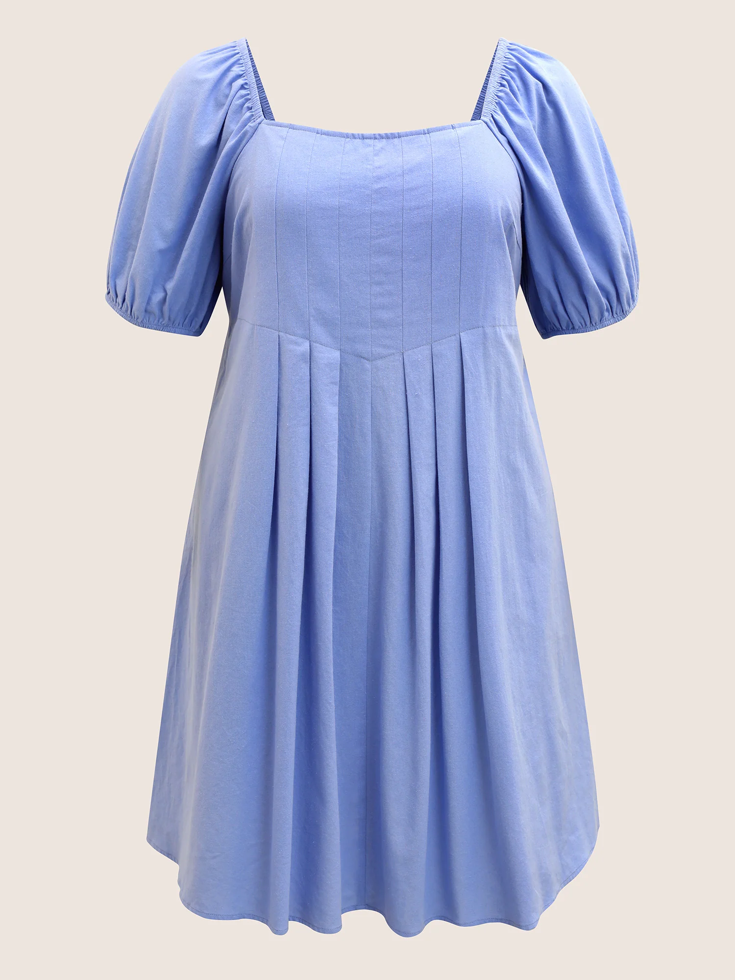 Square Neck Plain Pleated Puff Sleeve Dress - Image 7