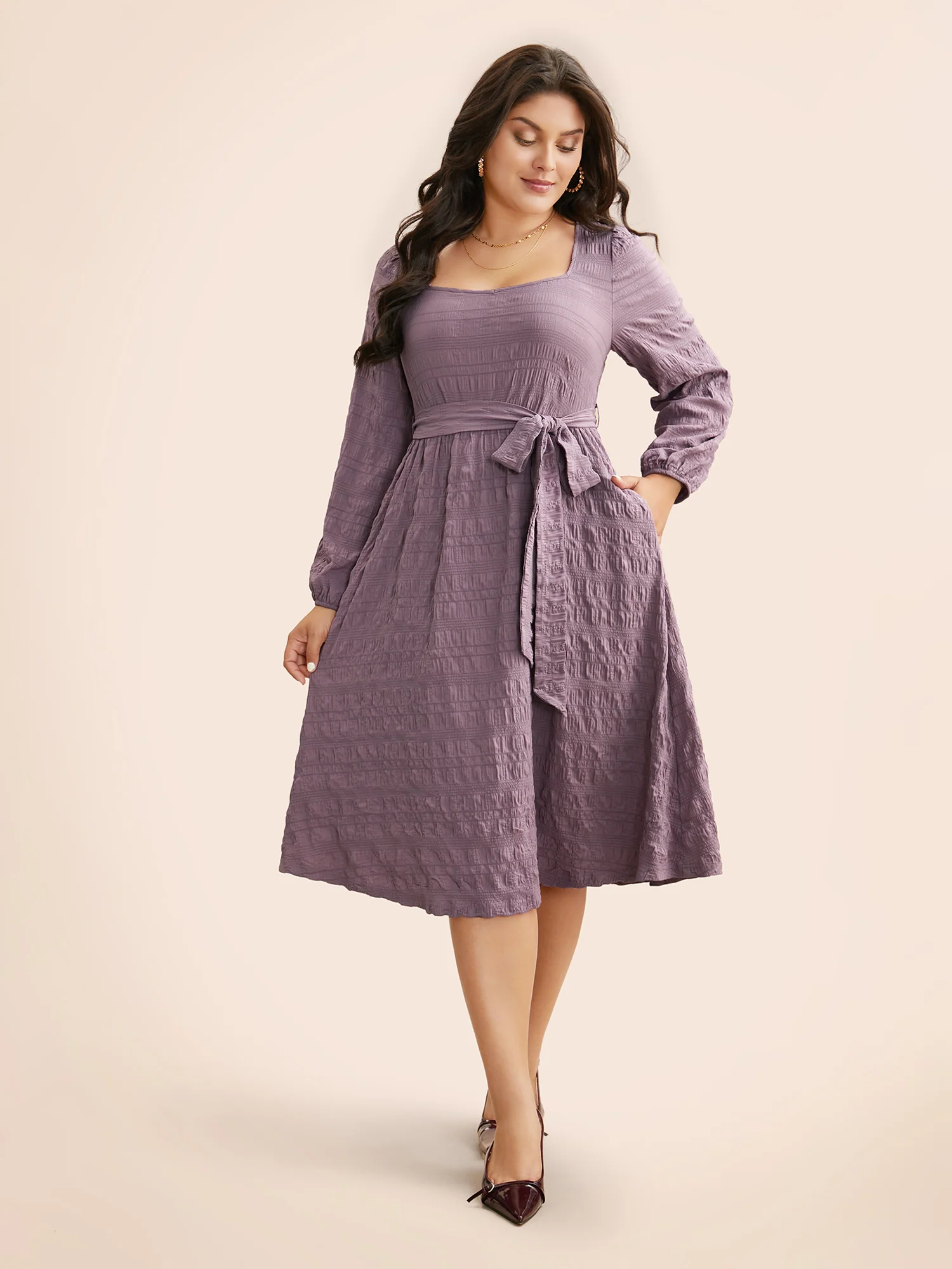 Square Neck Plain Textured Belted Dress - Image 2
