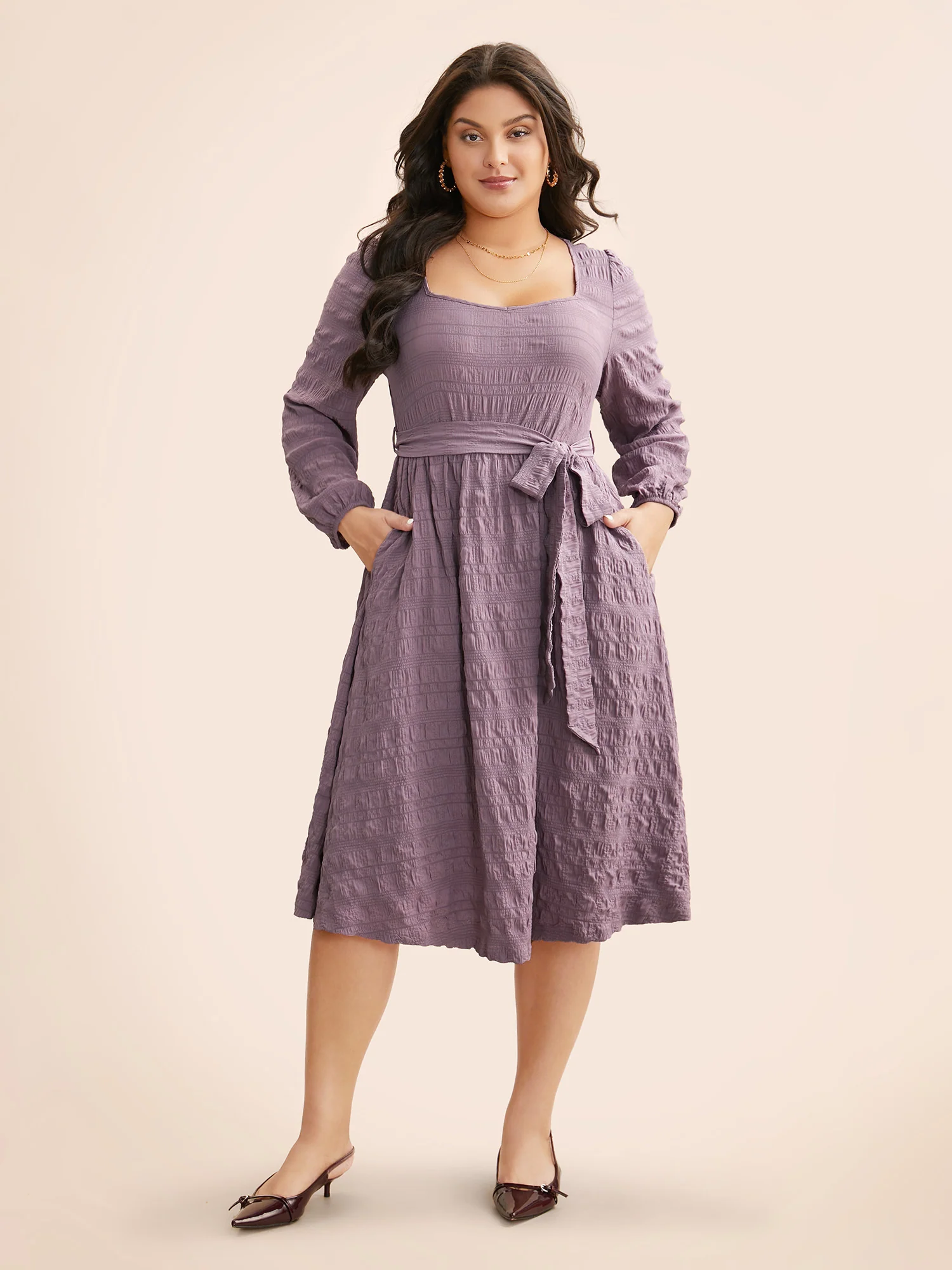 Square Neck Plain Textured Belted Dress - Image 3