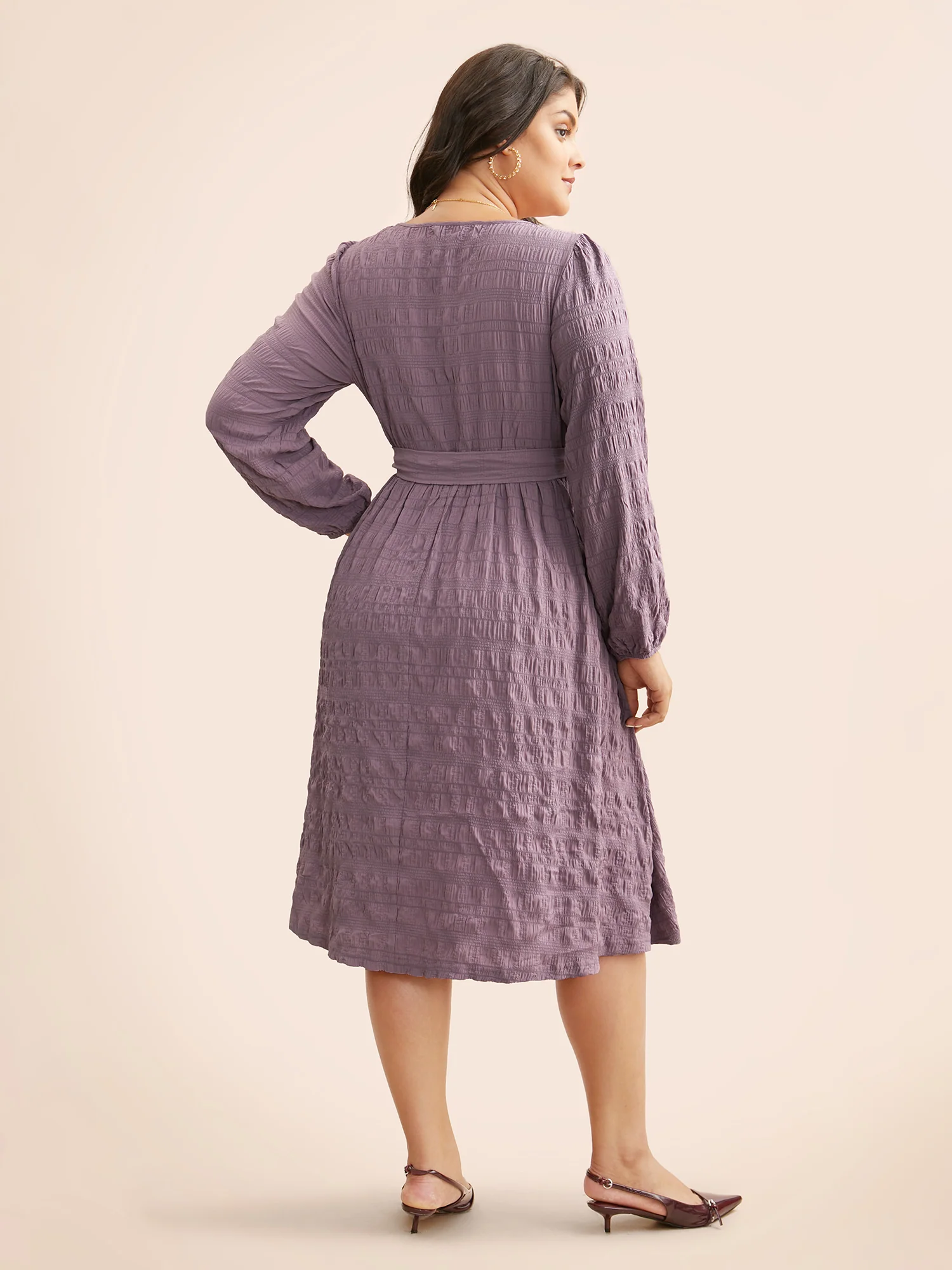 Square Neck Plain Textured Belted Dress - Image 4