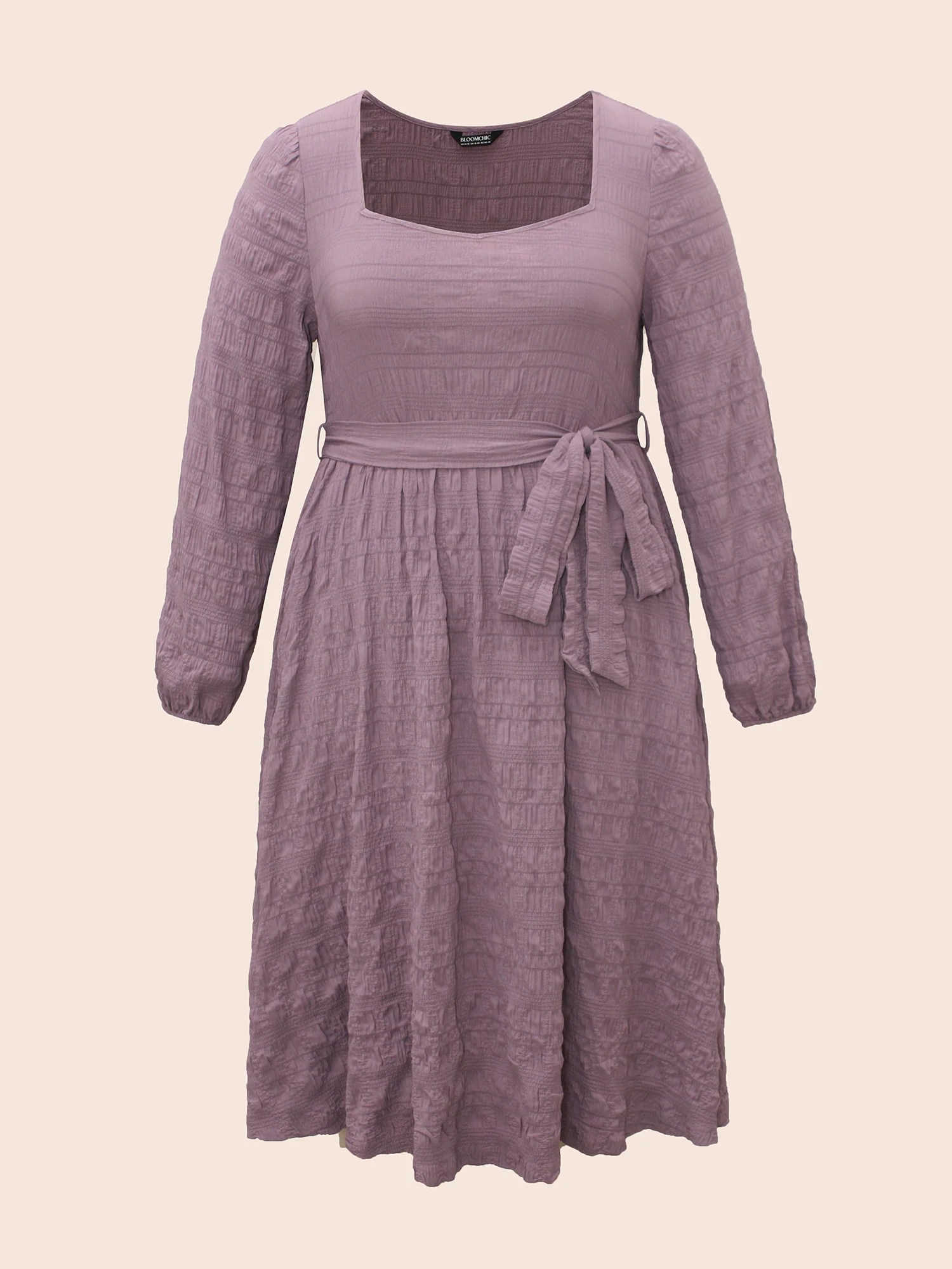 Square Neck Plain Textured Belted Dress - Image 7