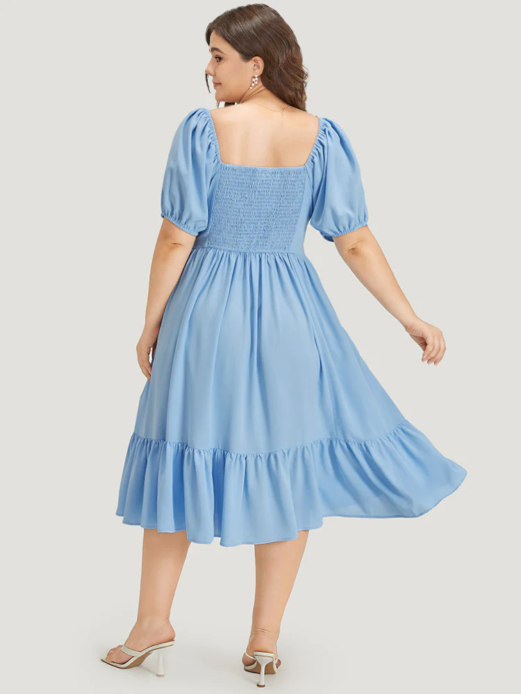 Square Neck Puff Sleeve Ruched Ruffle Hem Dress - Image 2