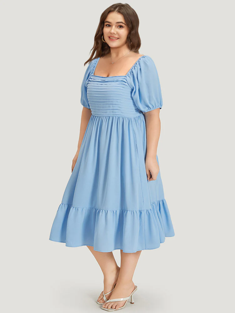 Square Neck Puff Sleeve Ruched Ruffle Hem Dress - Image 3