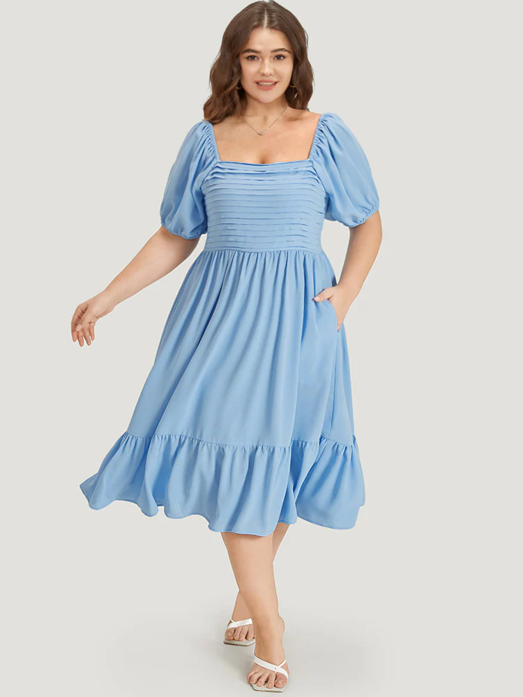 Square Neck Puff Sleeve Ruched Ruffle Hem Dress - Image 4