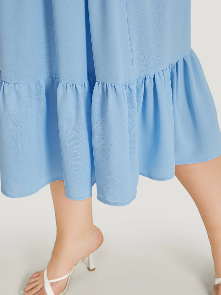 Square Neck Puff Sleeve Ruched Ruffle Hem Dress - Image 8