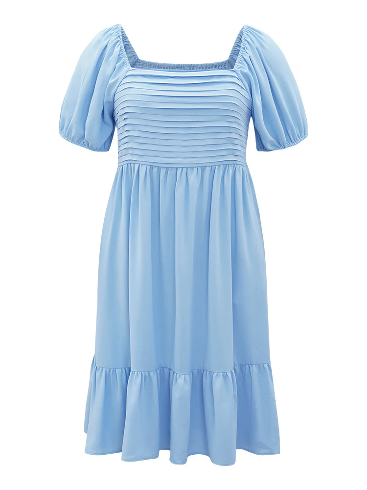 Square Neck Puff Sleeve Ruched Ruffle Hem Dress - Image 9