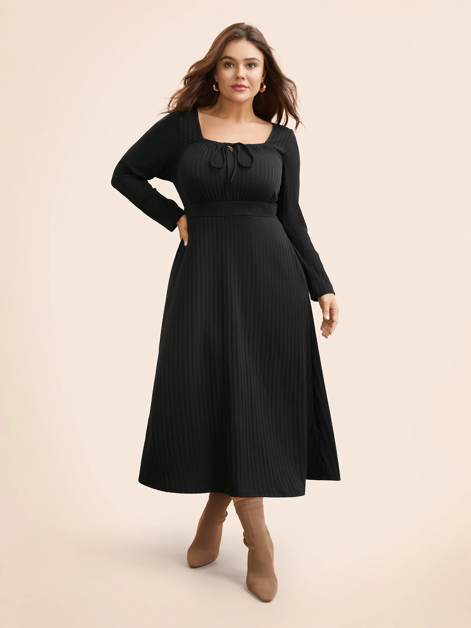 Square Neck Rib Knit Drawstring Dress