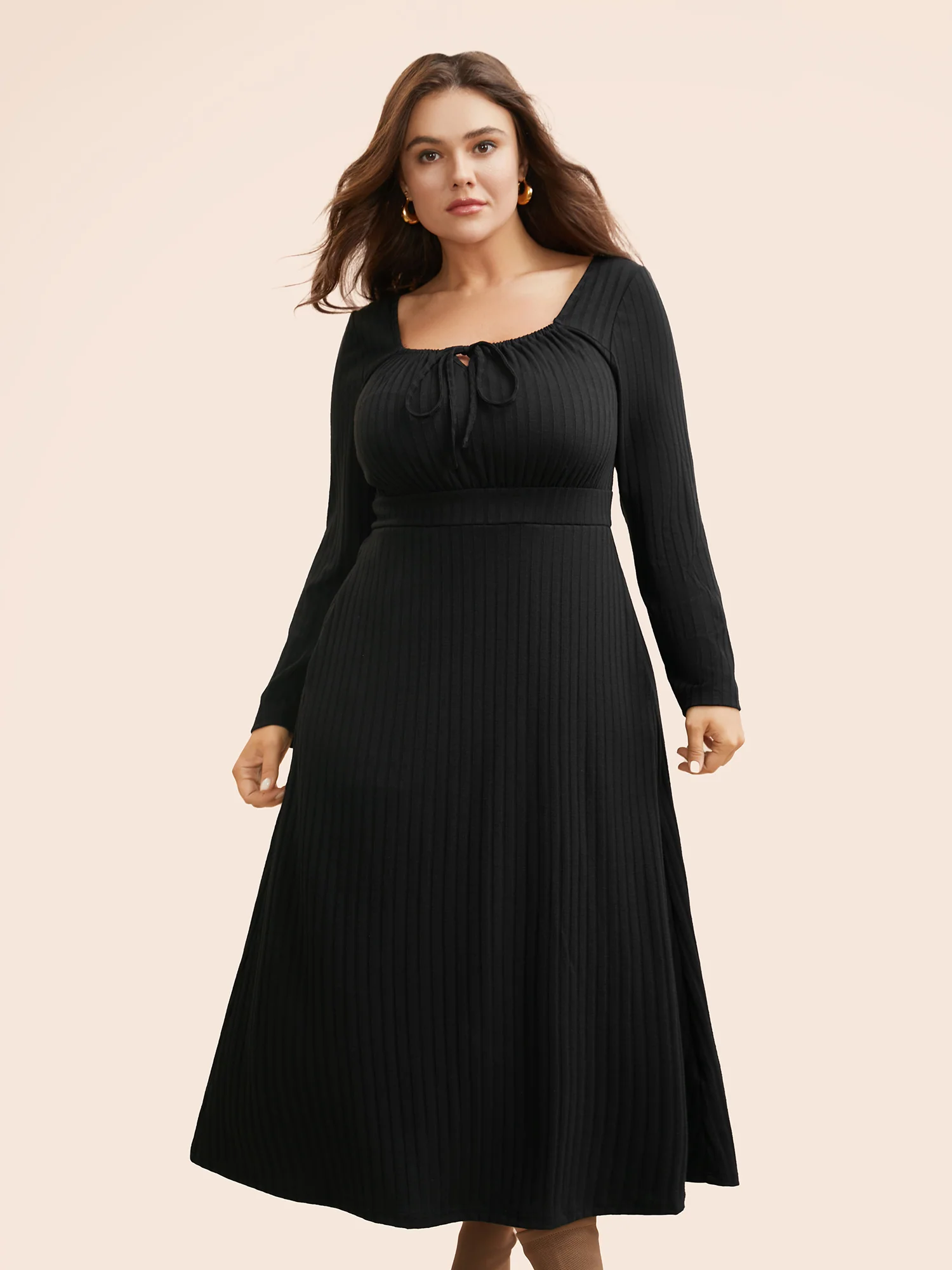 Square Neck Rib Knit Drawstring Dress - Image 2
