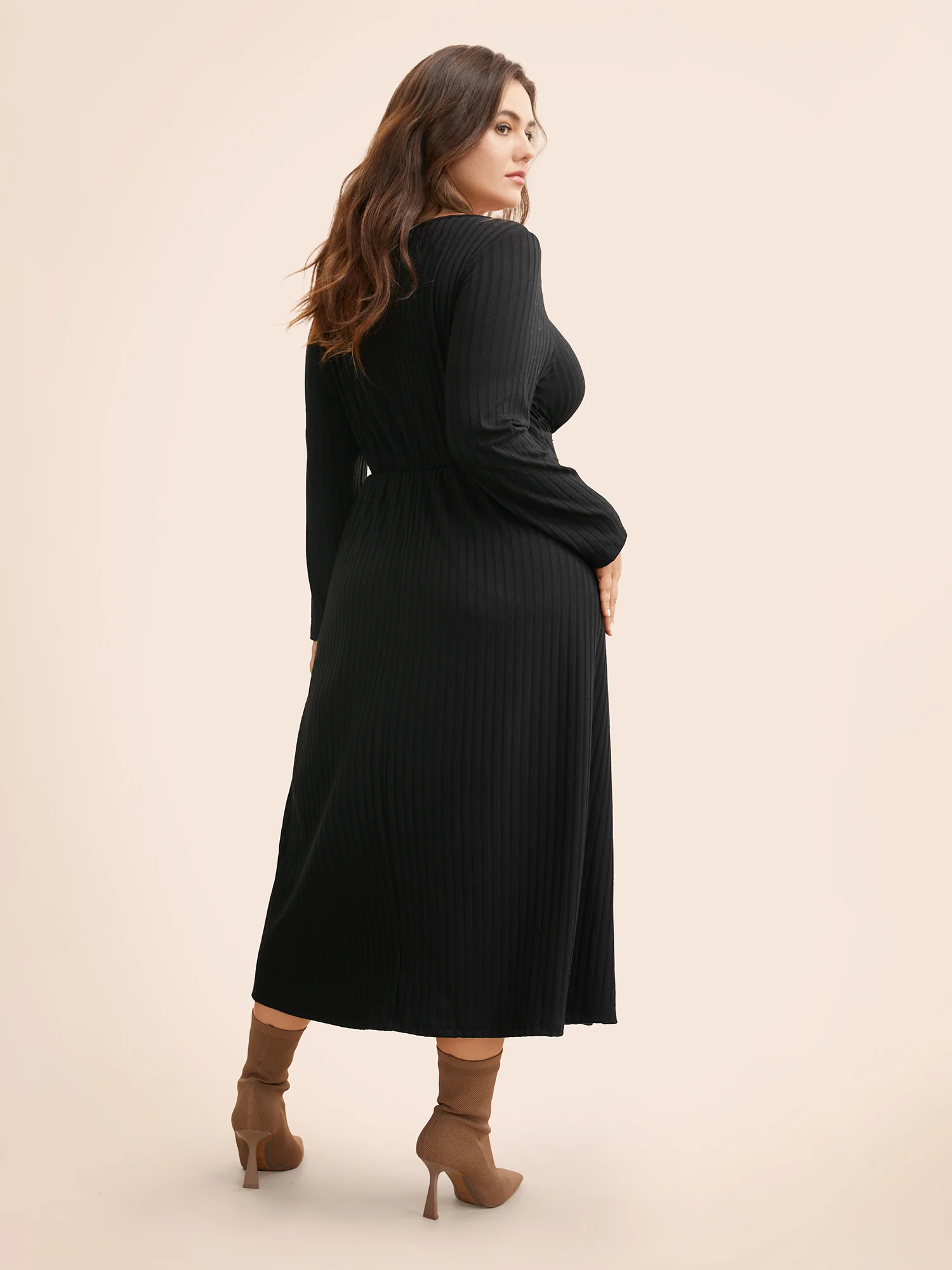Square Neck Rib Knit Drawstring Dress - Image 3