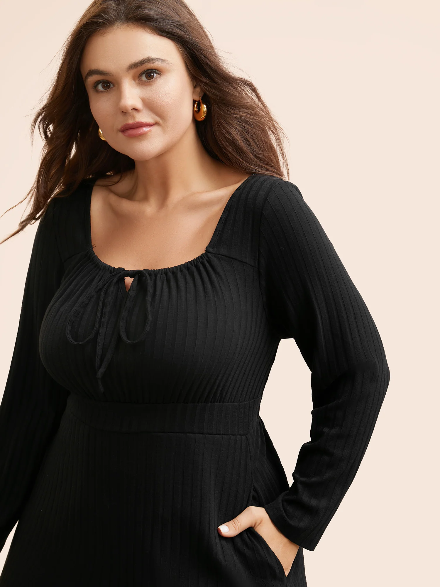 Square Neck Rib Knit Drawstring Dress - Image 4