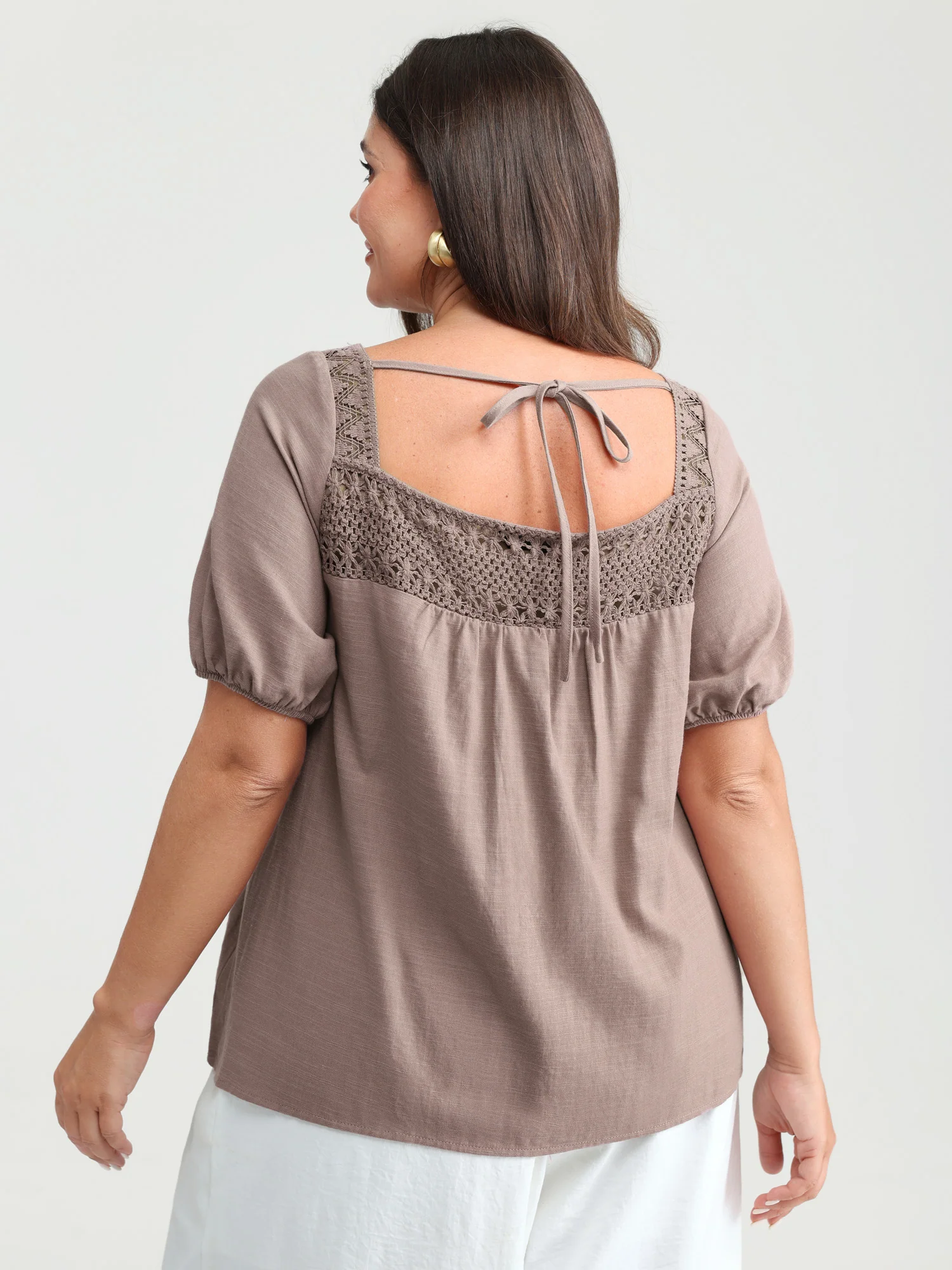 Square Neck Ruched Open Back-Tie Blouse - Image 2