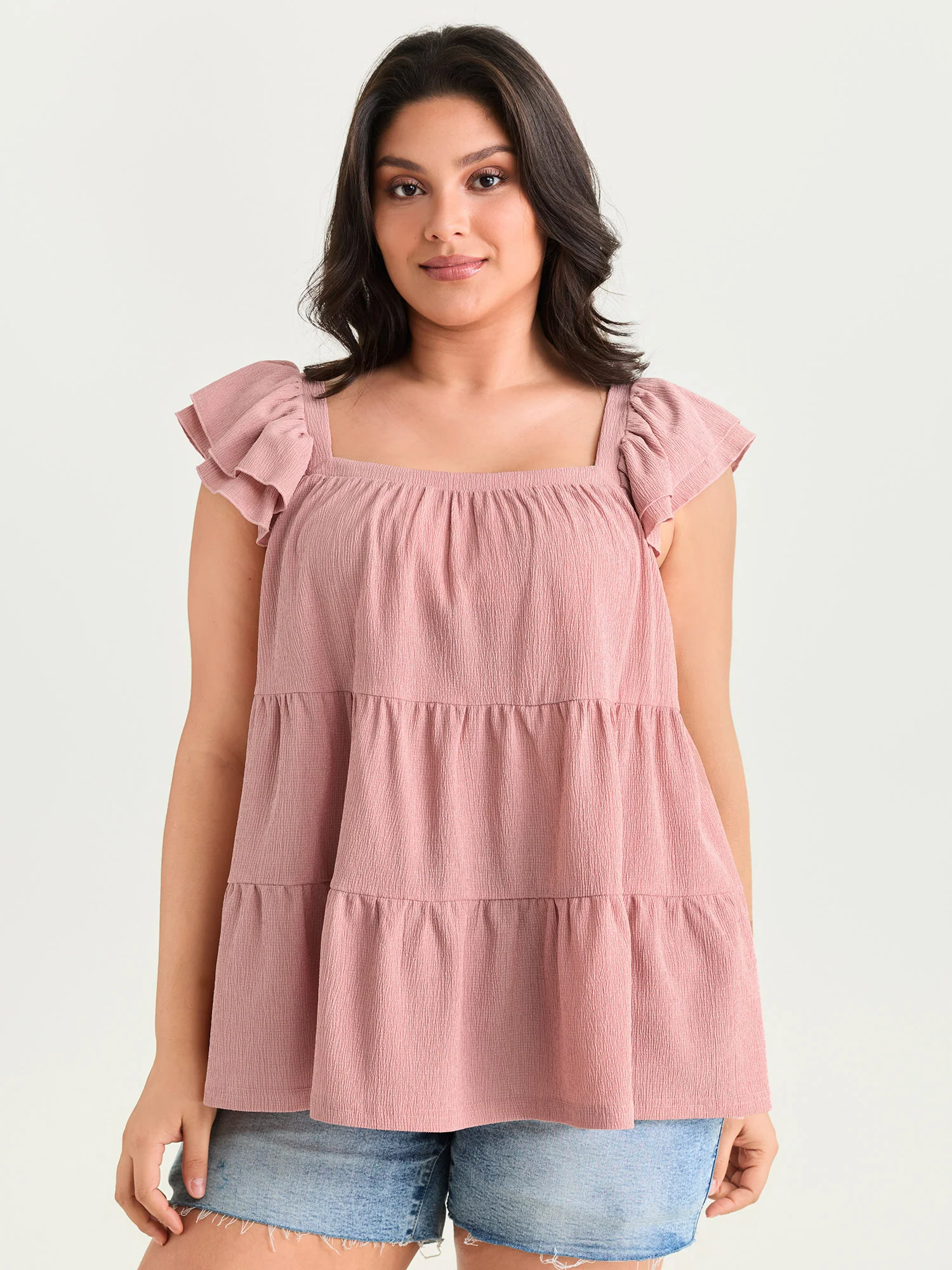Square Neck Ruffle Sleeve Layered Top