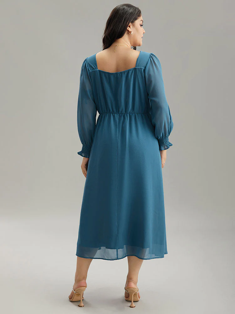 Chiffon Square Neck Shirred Lantern Sleeve Split Hem Dress - Image 3
