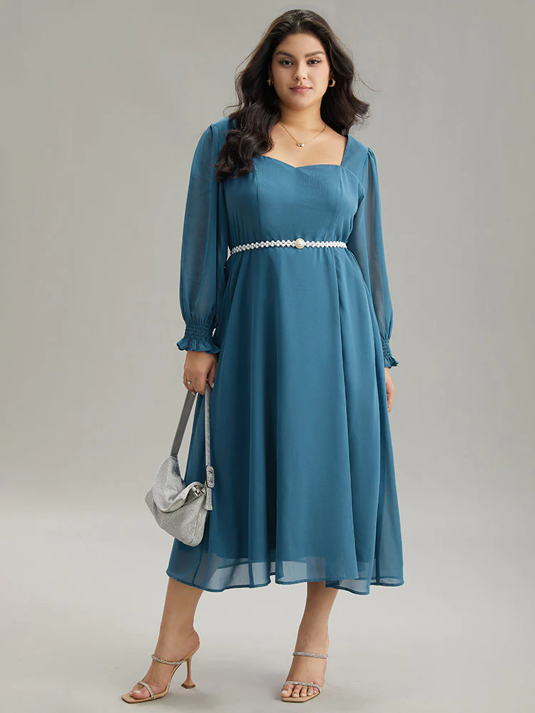 Chiffon Square Neck Shirred Lantern Sleeve Split Hem Dress - Image 4