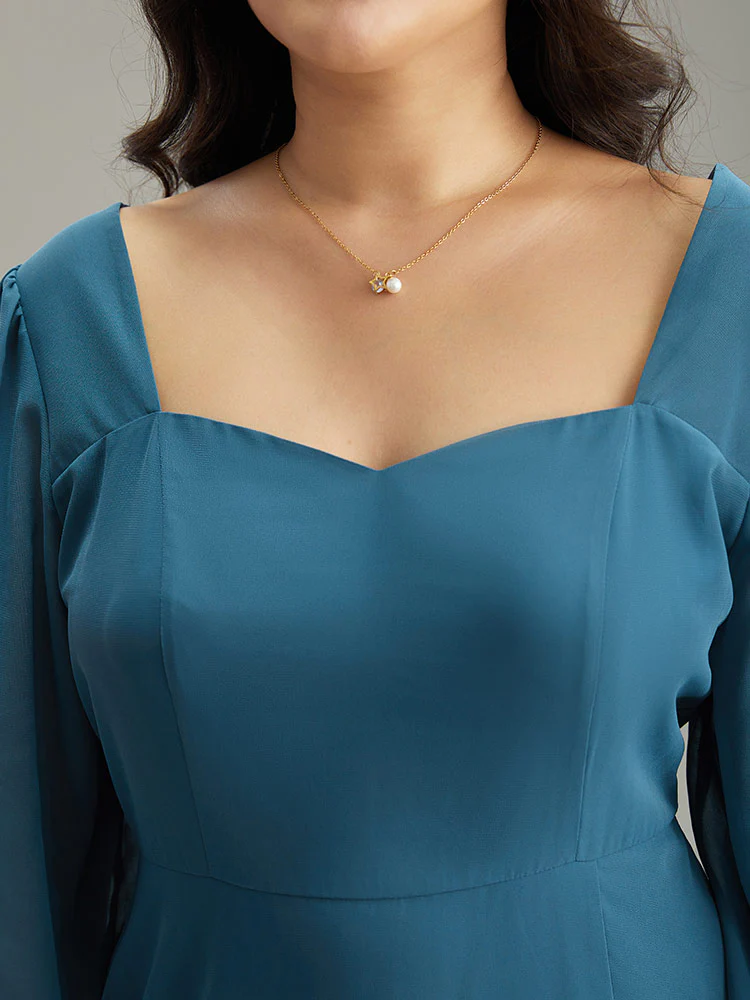 Chiffon Square Neck Shirred Lantern Sleeve Split Hem Dress - Image 5