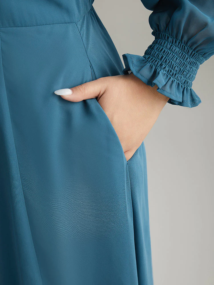 Chiffon Square Neck Shirred Lantern Sleeve Split Hem Dress - Image 6