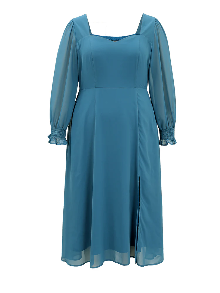Chiffon Square Neck Shirred Lantern Sleeve Split Hem Dress - Image 7
