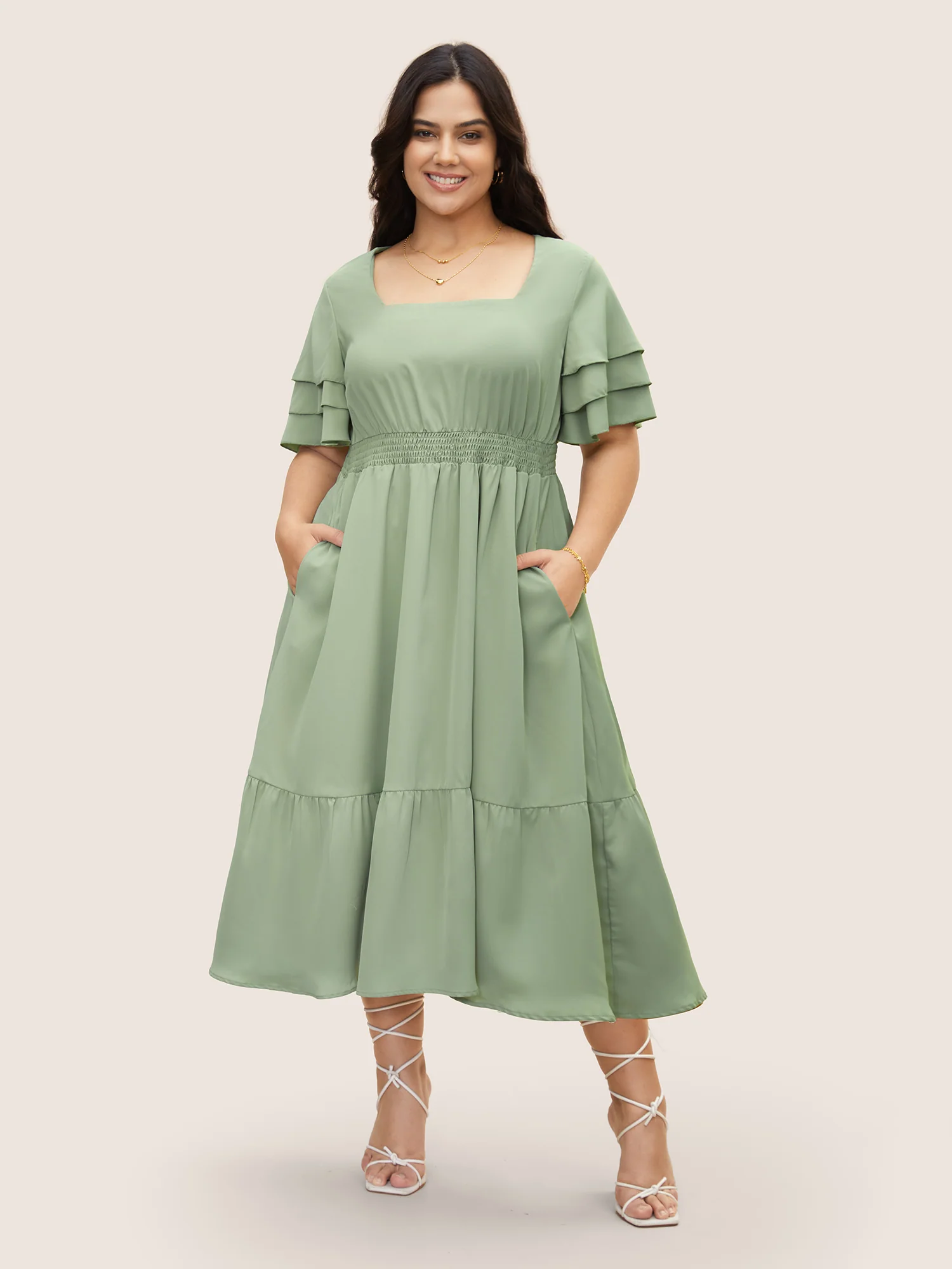 Square Neck Shirred Tiered Ruffle Sleeve Dress - Image 2