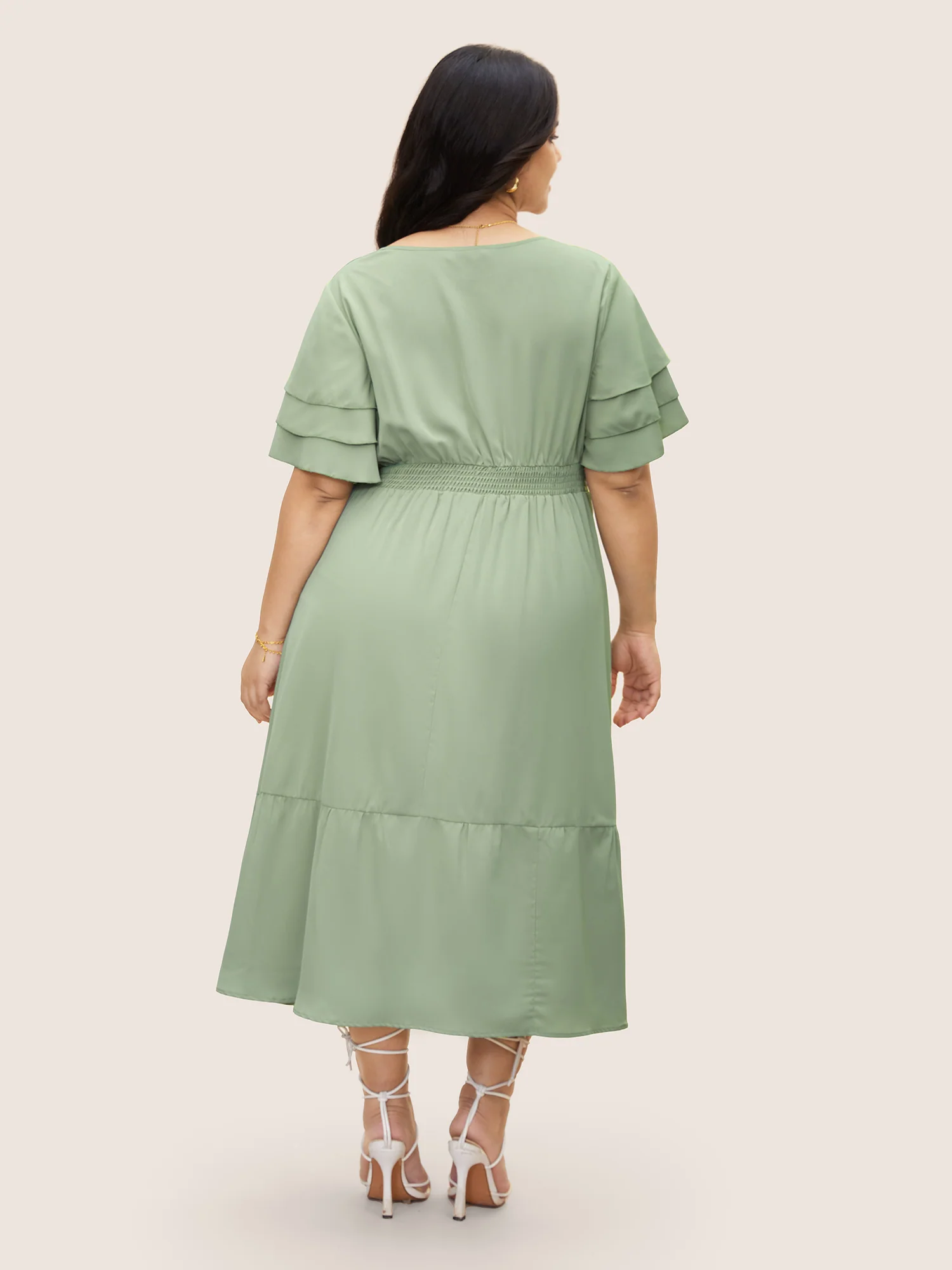 Square Neck Shirred Tiered Ruffle Sleeve Dress - Image 3