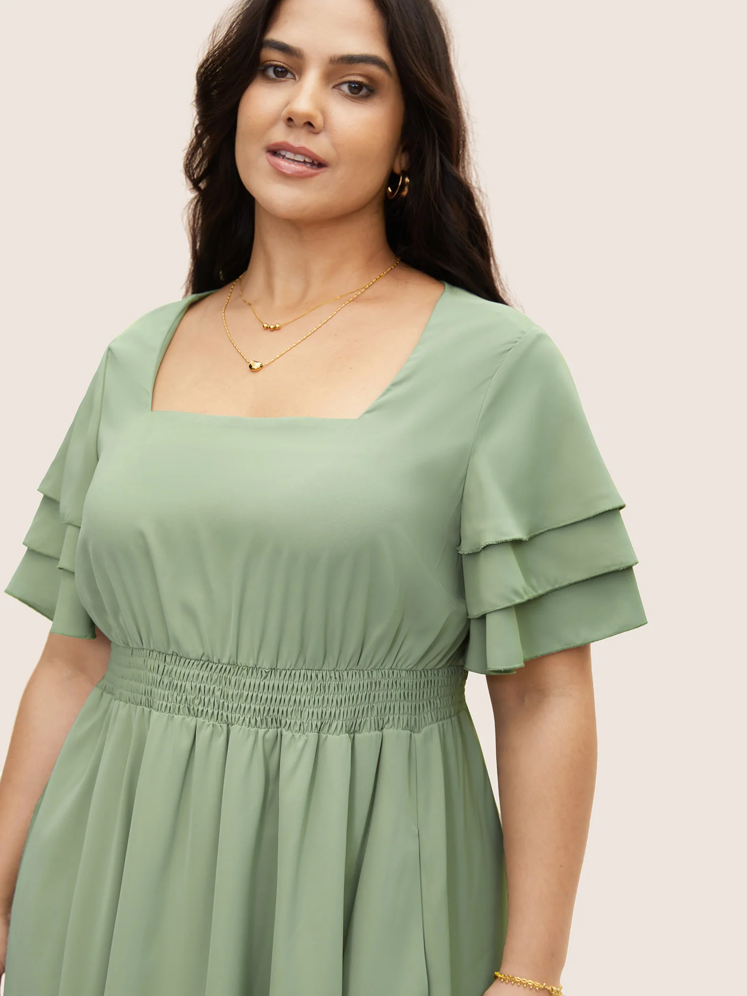 Square Neck Shirred Tiered Ruffle Sleeve Dress - Image 4