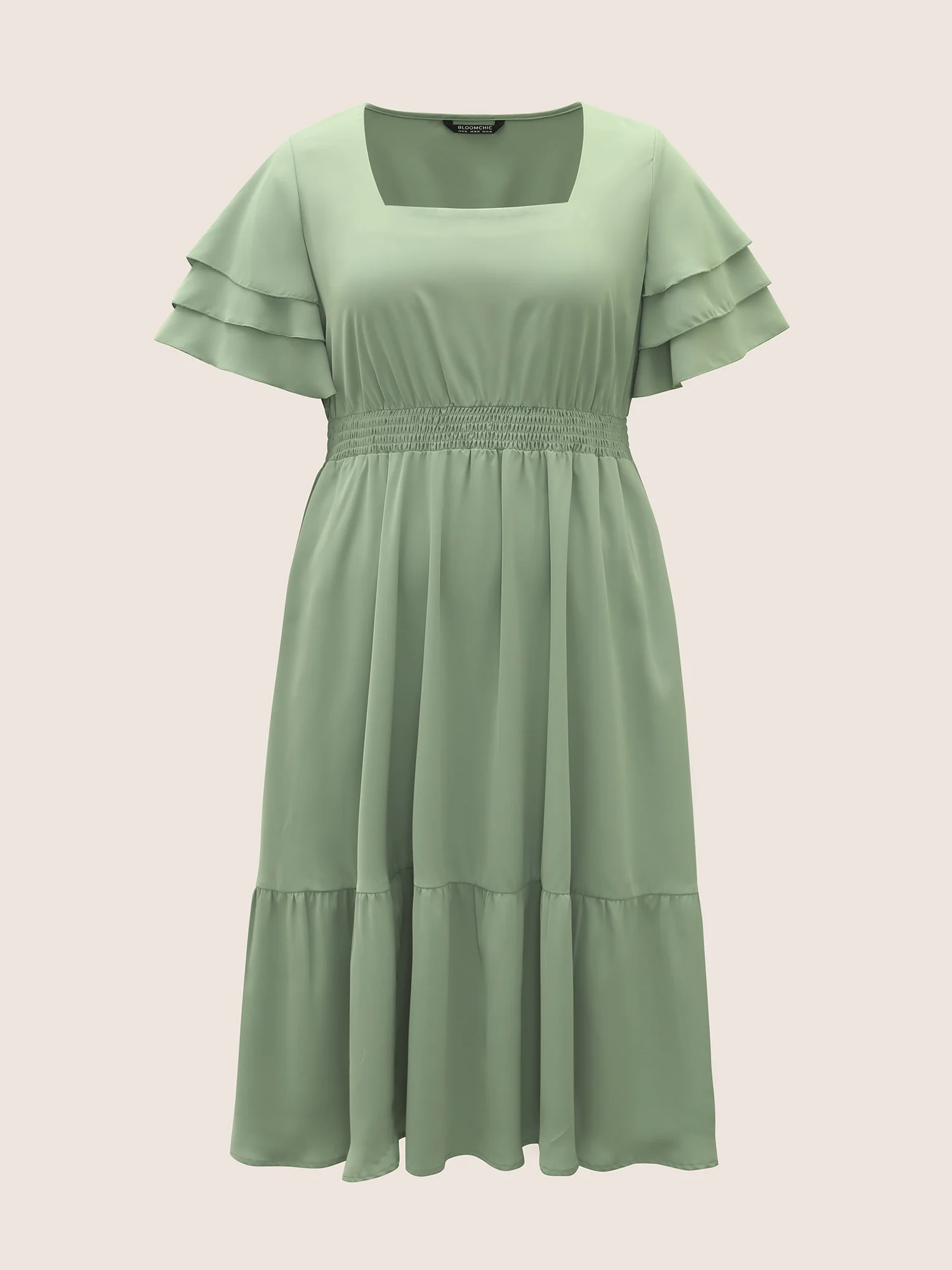 Square Neck Shirred Tiered Ruffle Sleeve Dress - Image 7